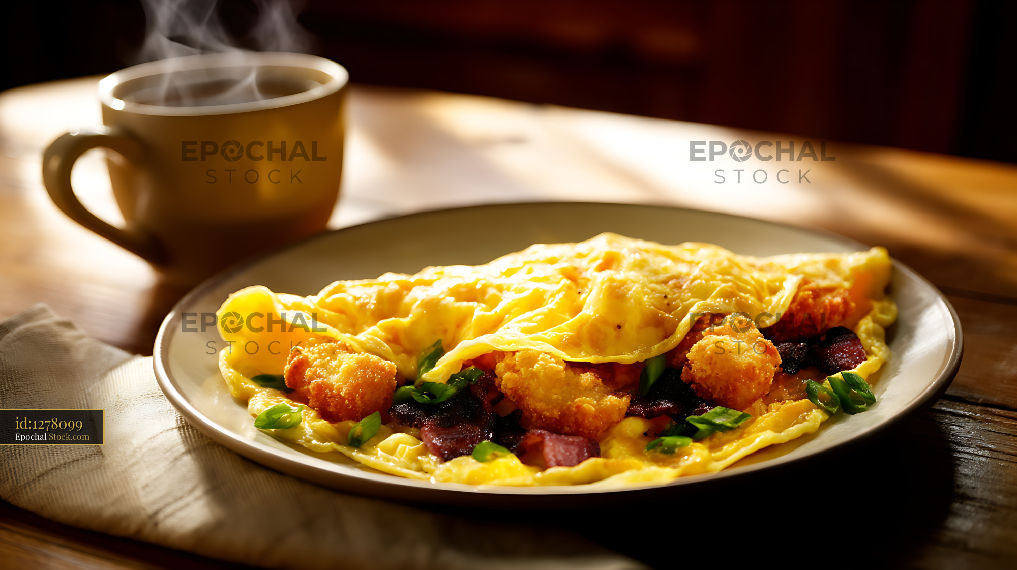 Shrimp Bacon Omelette Breakfast with Steaming Coffee - stock photo