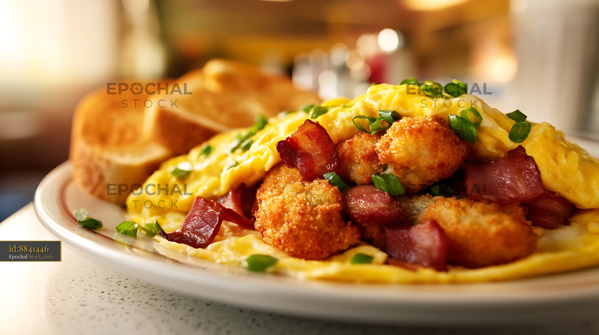 Gourmet Breakfast Omelet with Hash Browns and Bacon - stock photo
