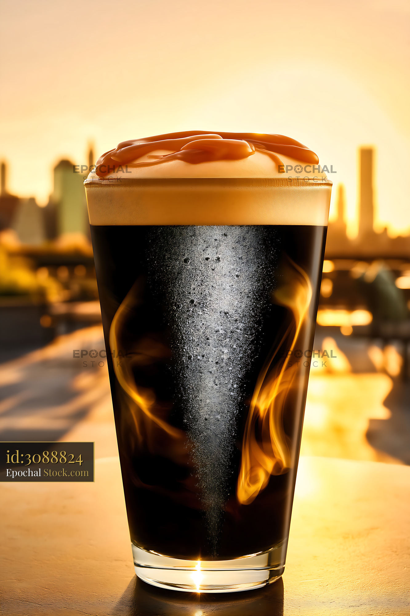Nitro Caramel Coffee Cold Drink Urban Sunset - stock photo