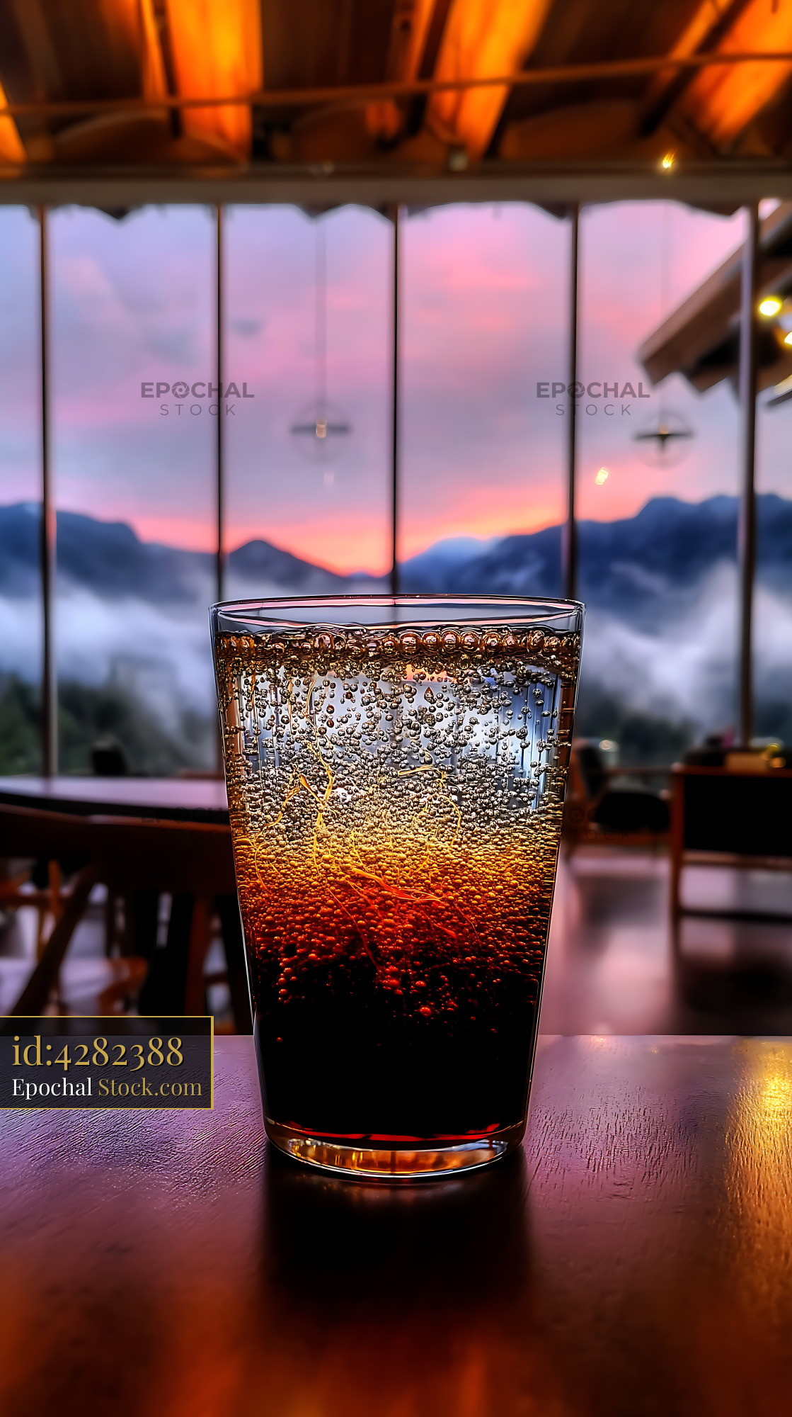 Nitro Caramel Coffee Mountain Sunrise View - stock photo