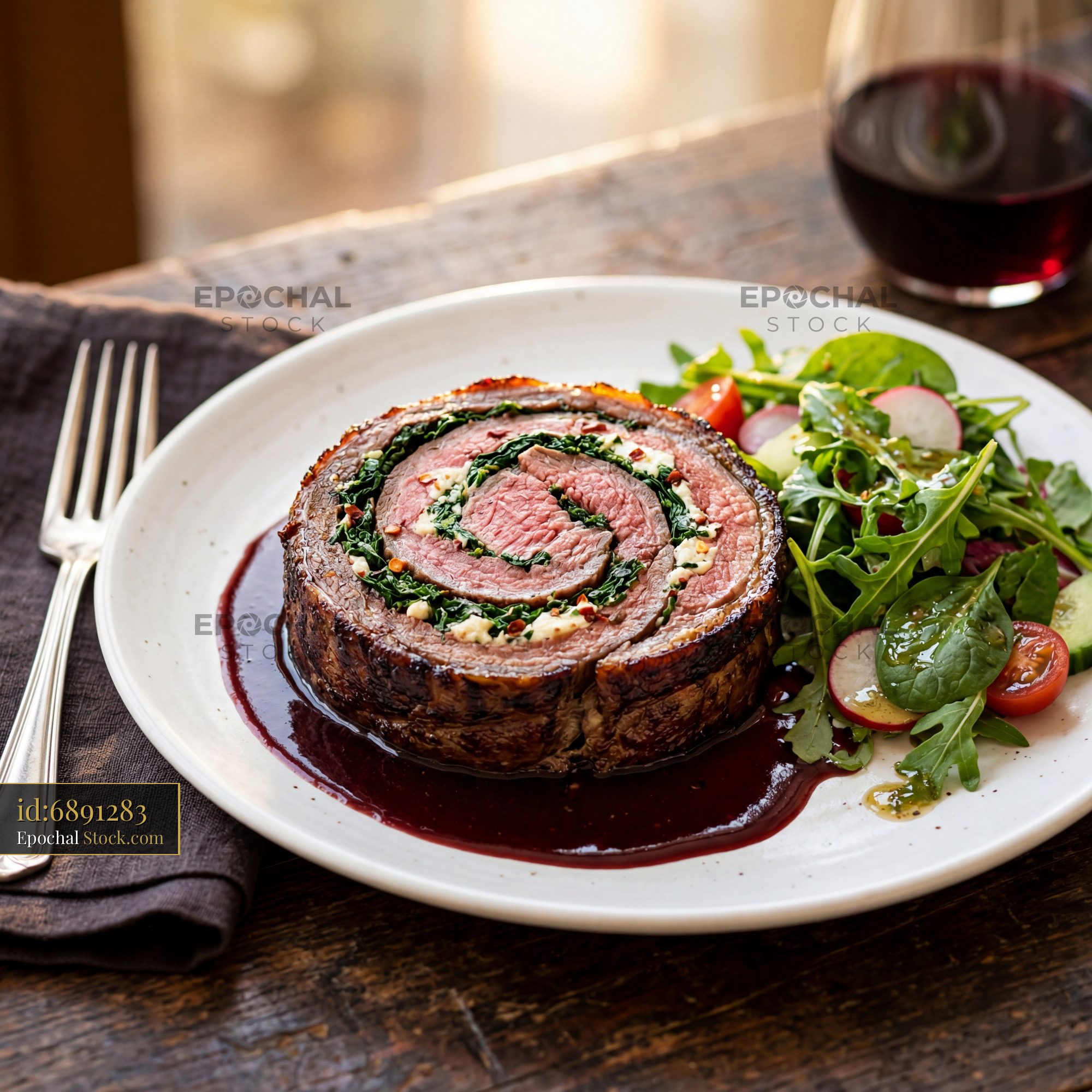 Beef Roulade with Spinach and Red Wine Reduction - stock photo