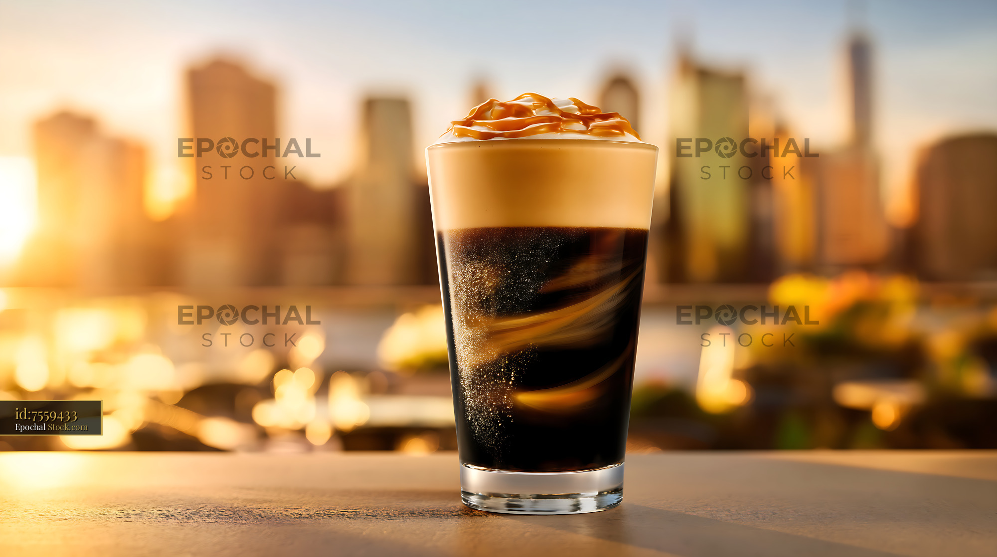Nitro Caramel Coffee Against City Skyline - stock photo