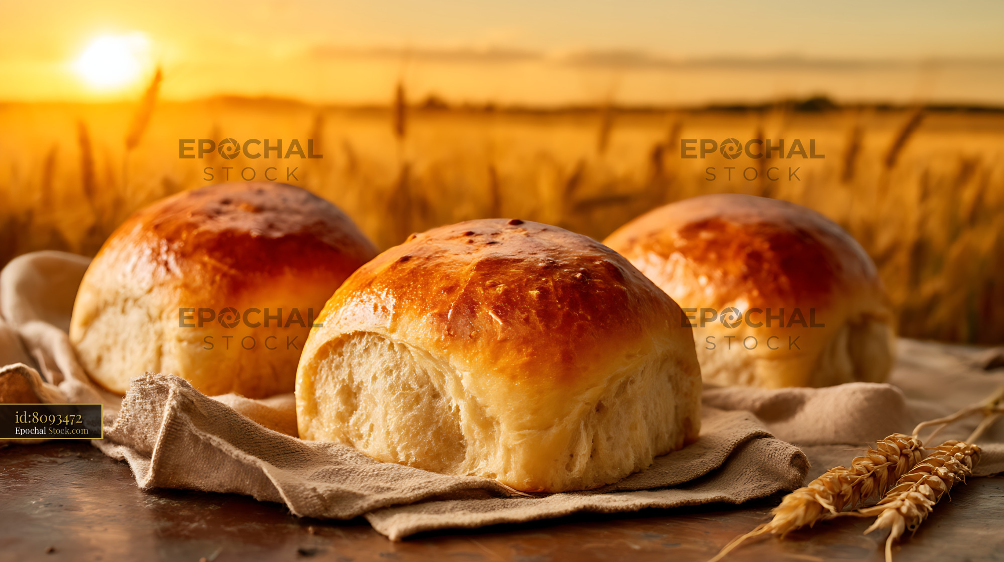 Fresh Artisan Bread Rolls Wheat Field Sunset - stock photo