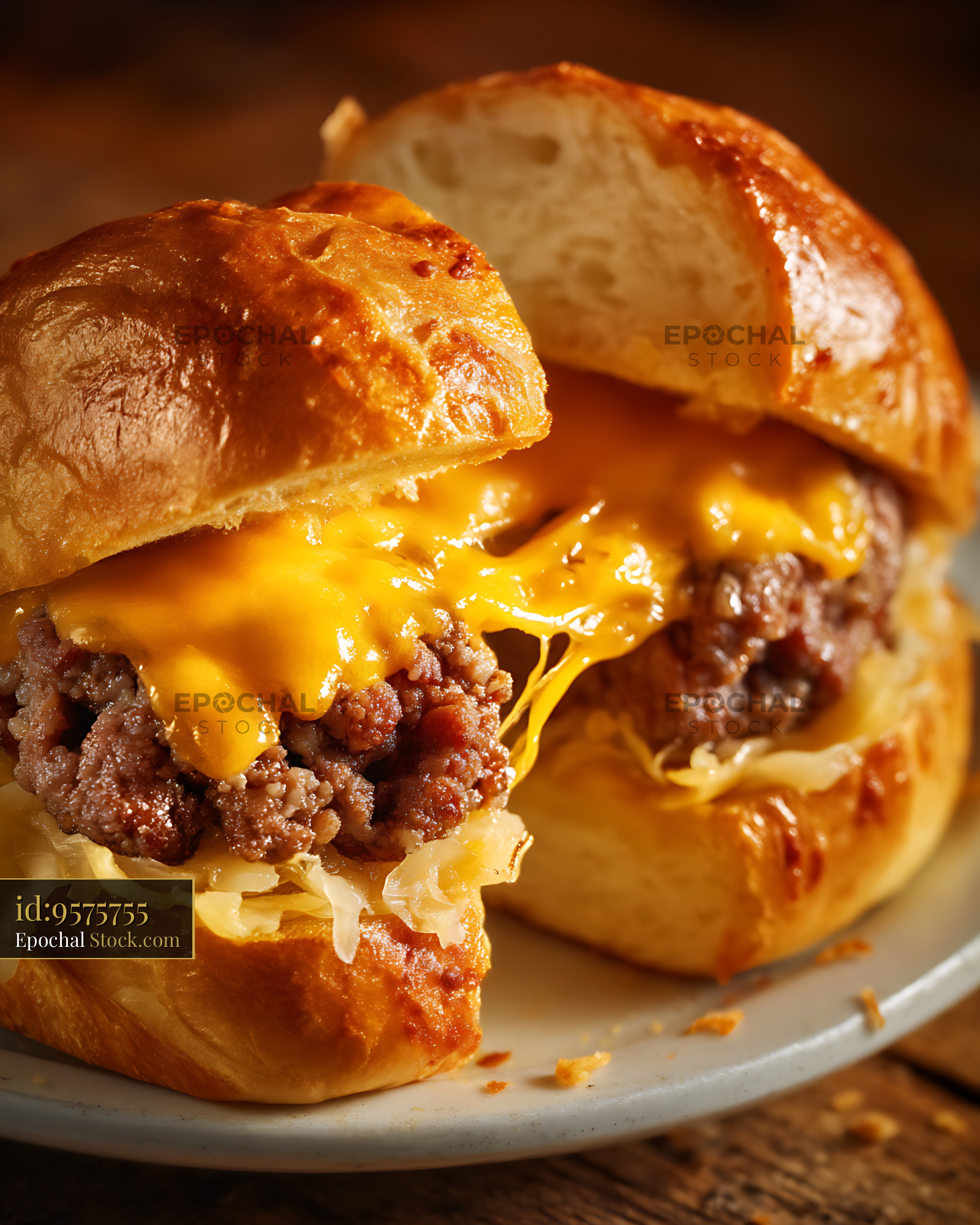 Gourmet Cheeseburgers Melted Cheese Golden Toasted Buns - stock photo