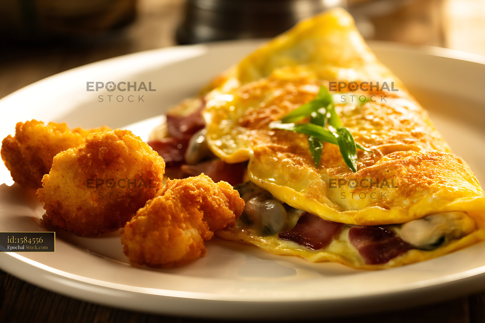 Gourmet Seafood Omelet with Fried Shrimp and Bacon - stock photo