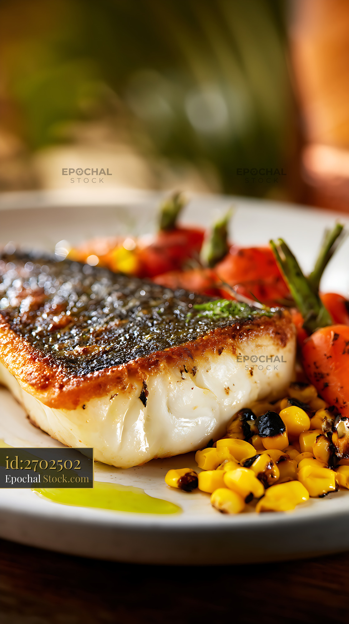 Seared Murray Cod Fillet with Roasted Vegetables - stock photo
