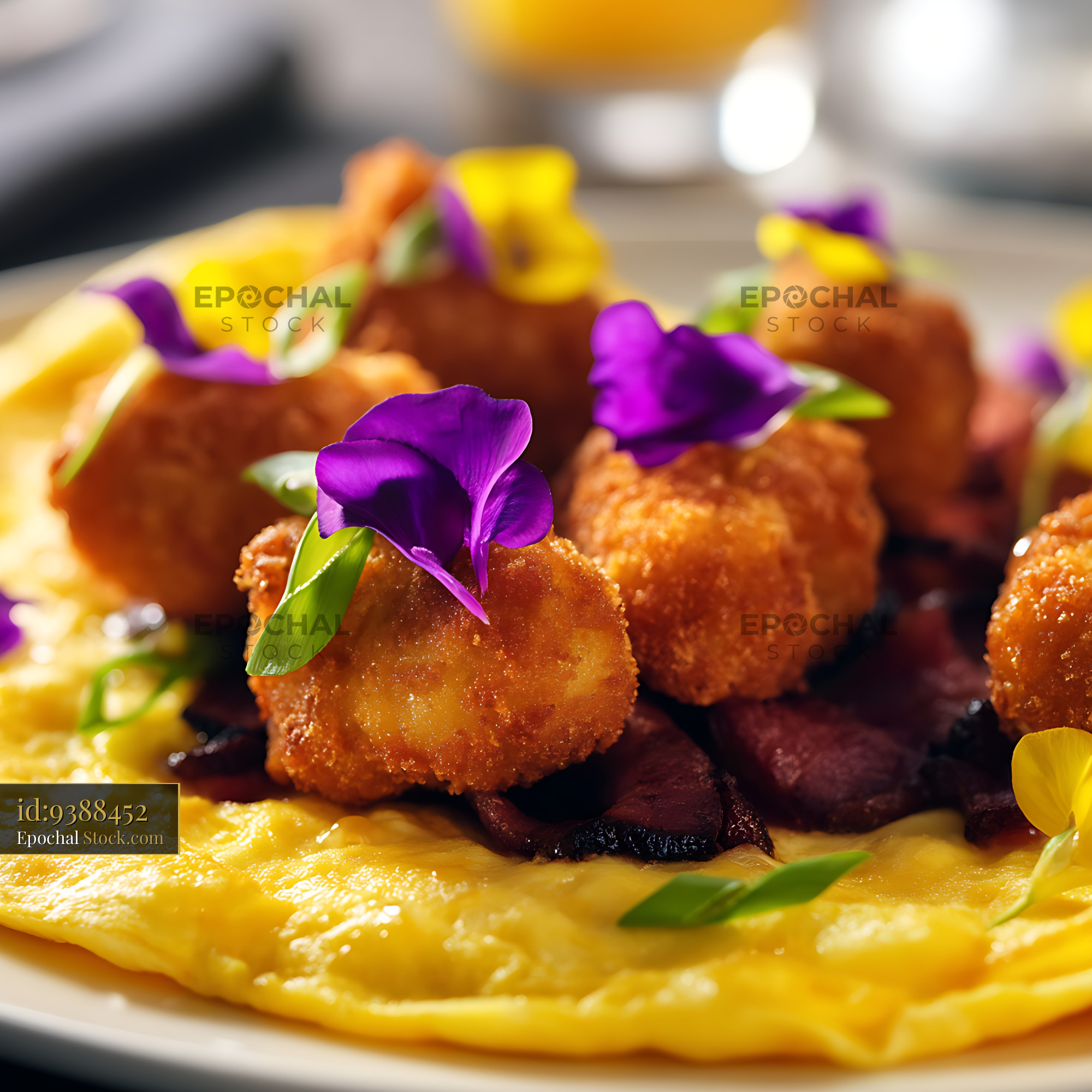 Gourmet Golden Croquettes with Edible Flowers - stock photo
