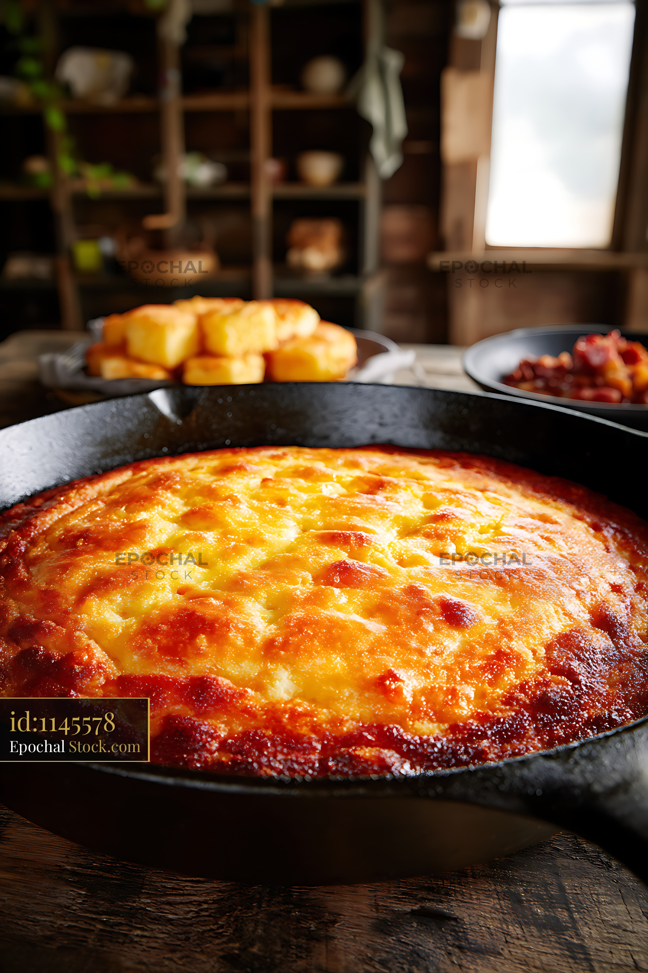 Golden Cornbread in Cast Iron Skillet, Farm Style - stock photo