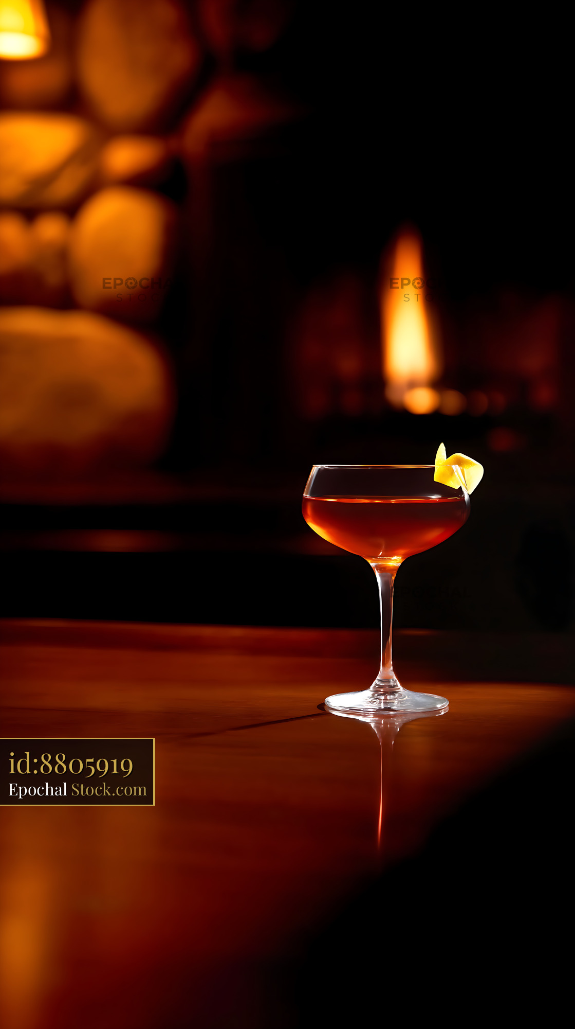 Saratoga Cocktail with Citrus Twist, Candlelit Bar - stock photo