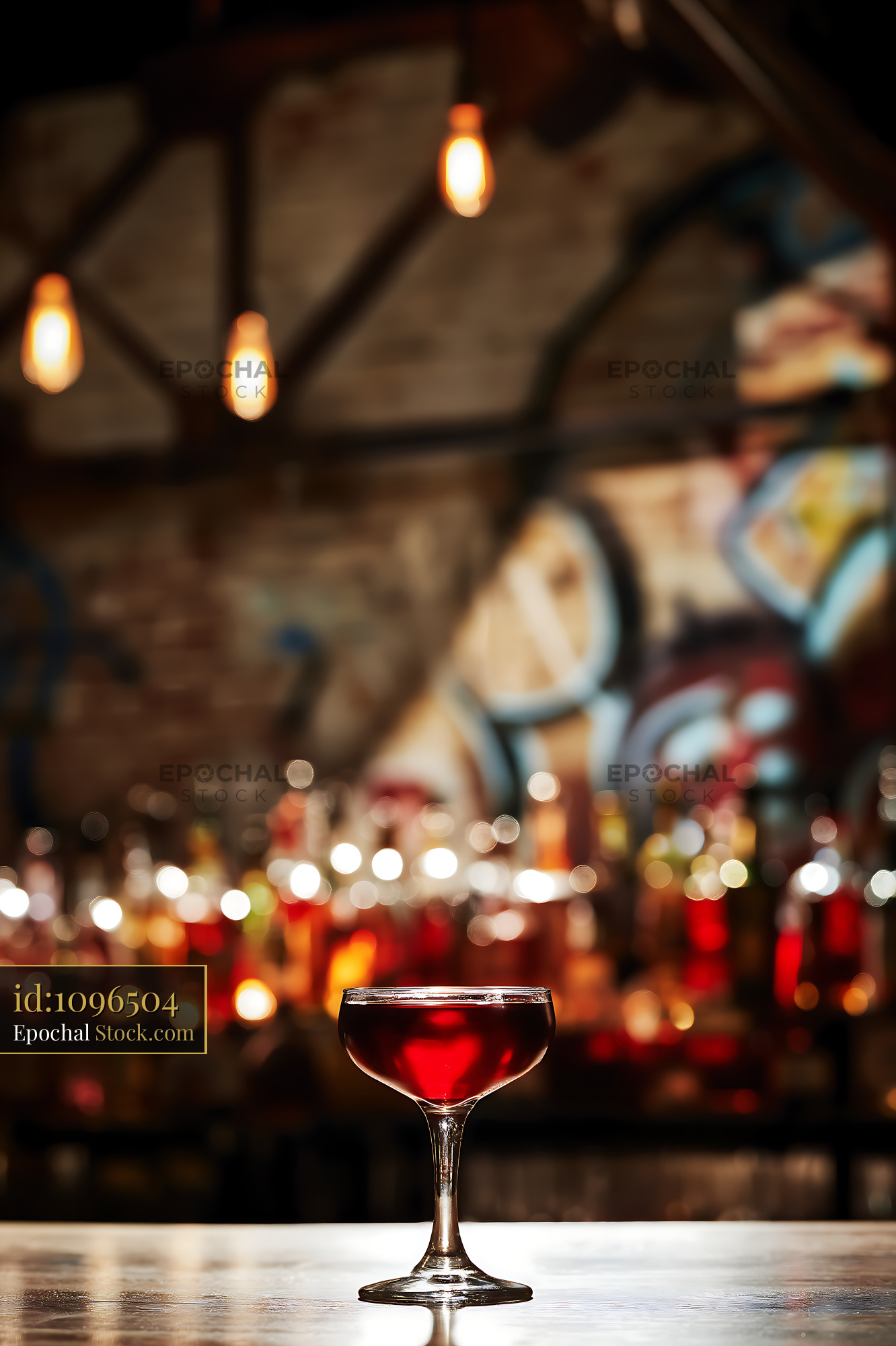 Bushwick Cocktail at Rustic Bar with Edison Lights - stock photo