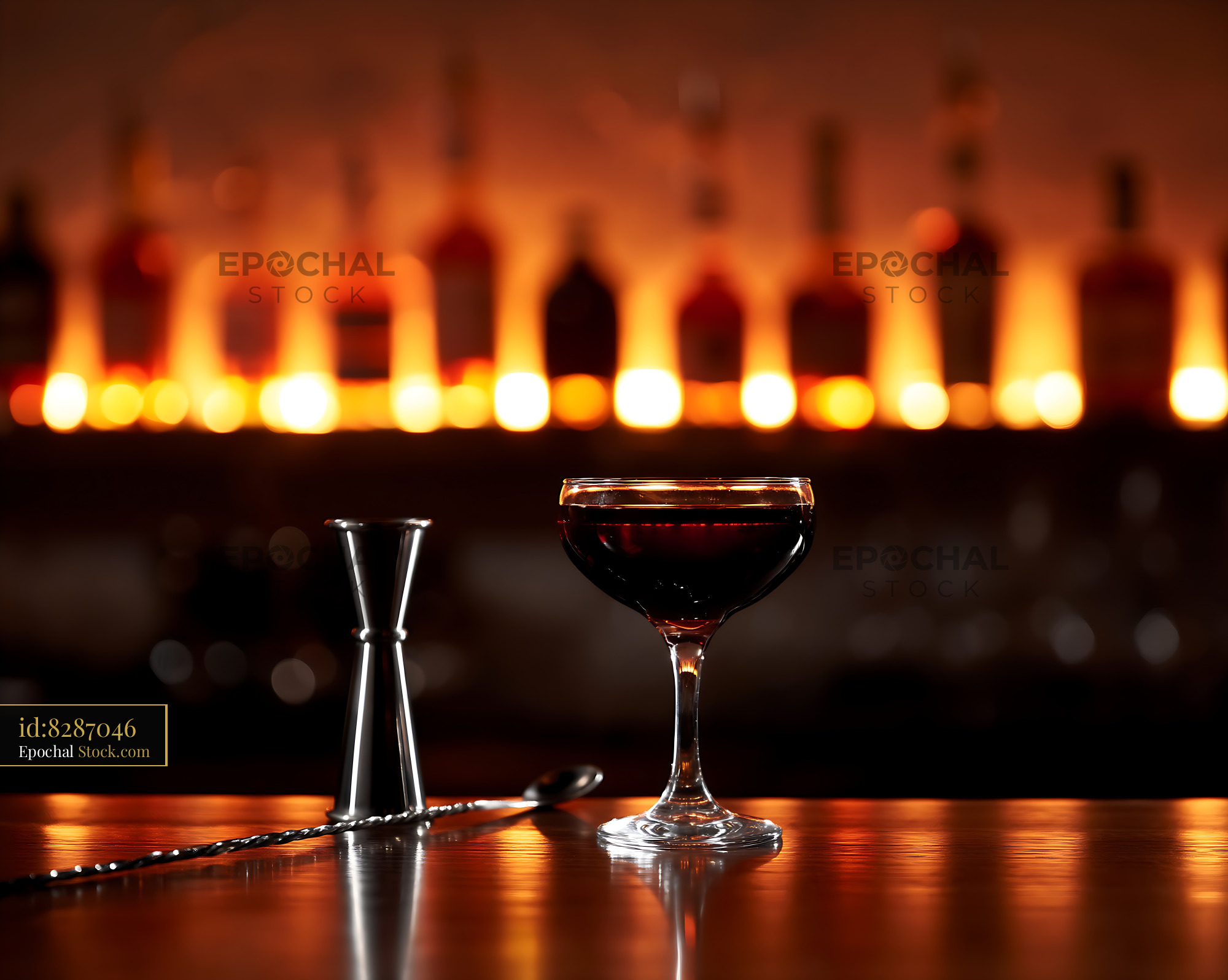 Bushwick Cocktail with Bar Tools at Candlelit Counter - stock photo