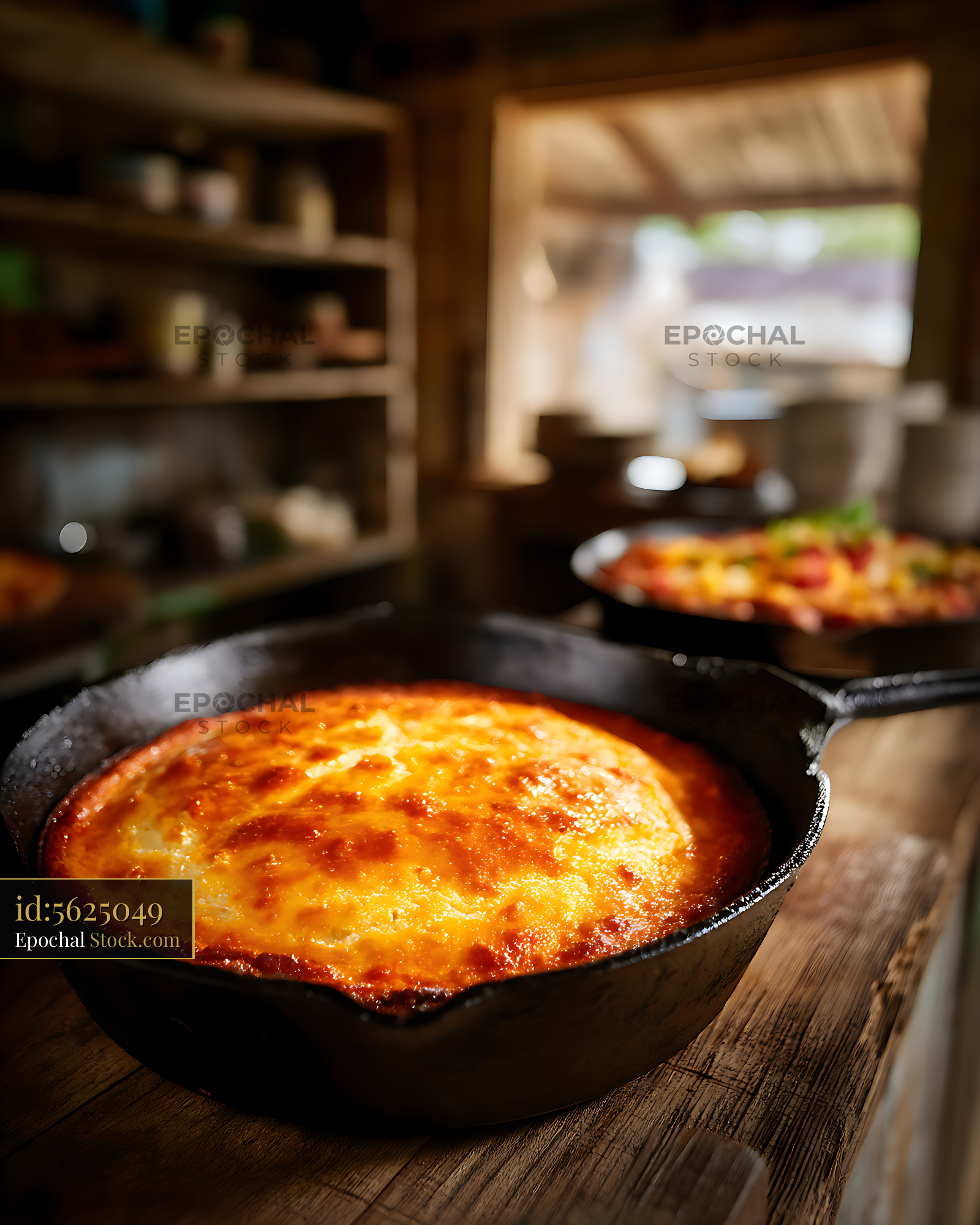 Golden Cast Iron Skillet Cornbread Cooling - stock photo