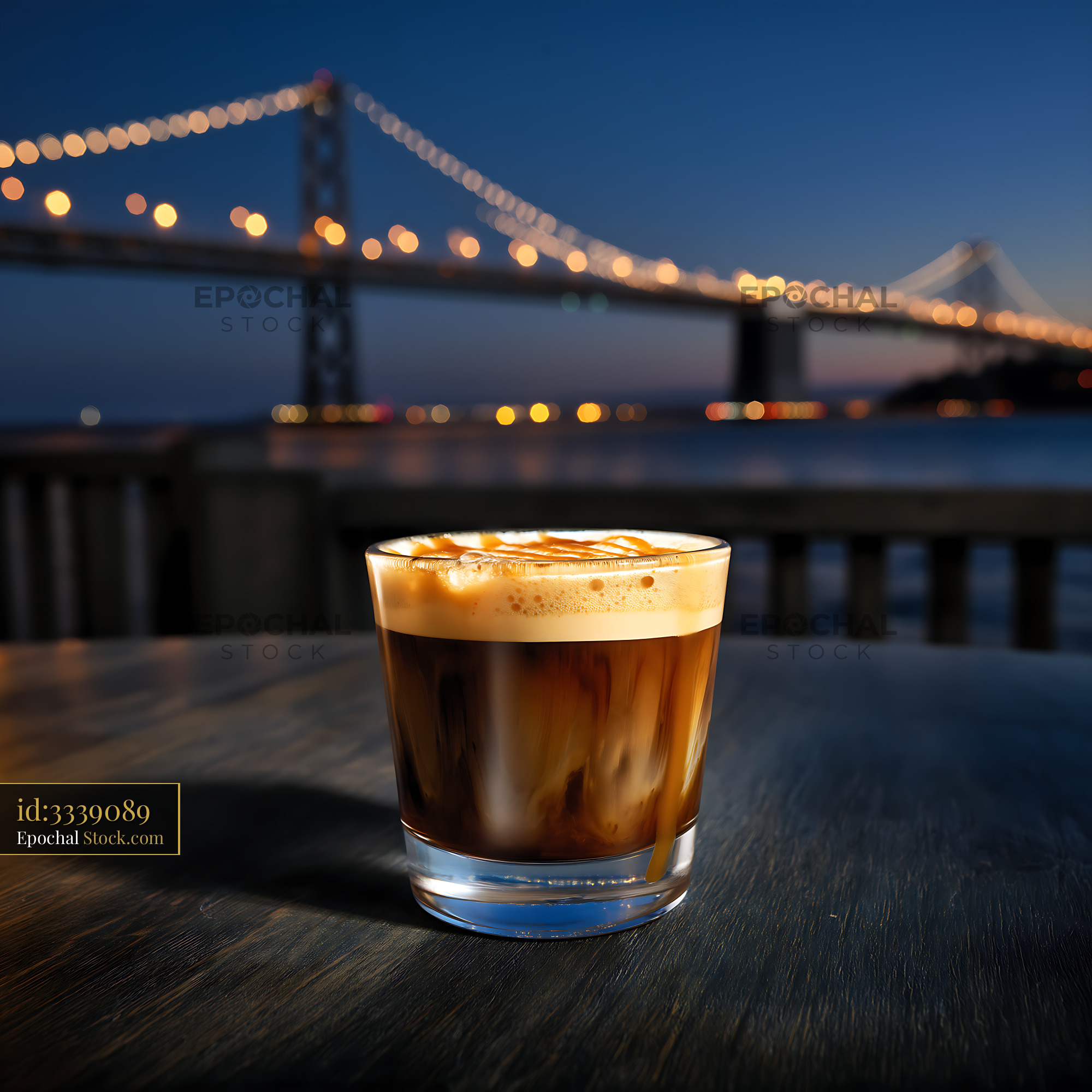 Nitro Caramel Coffee with Illuminated Bridge - stock photo