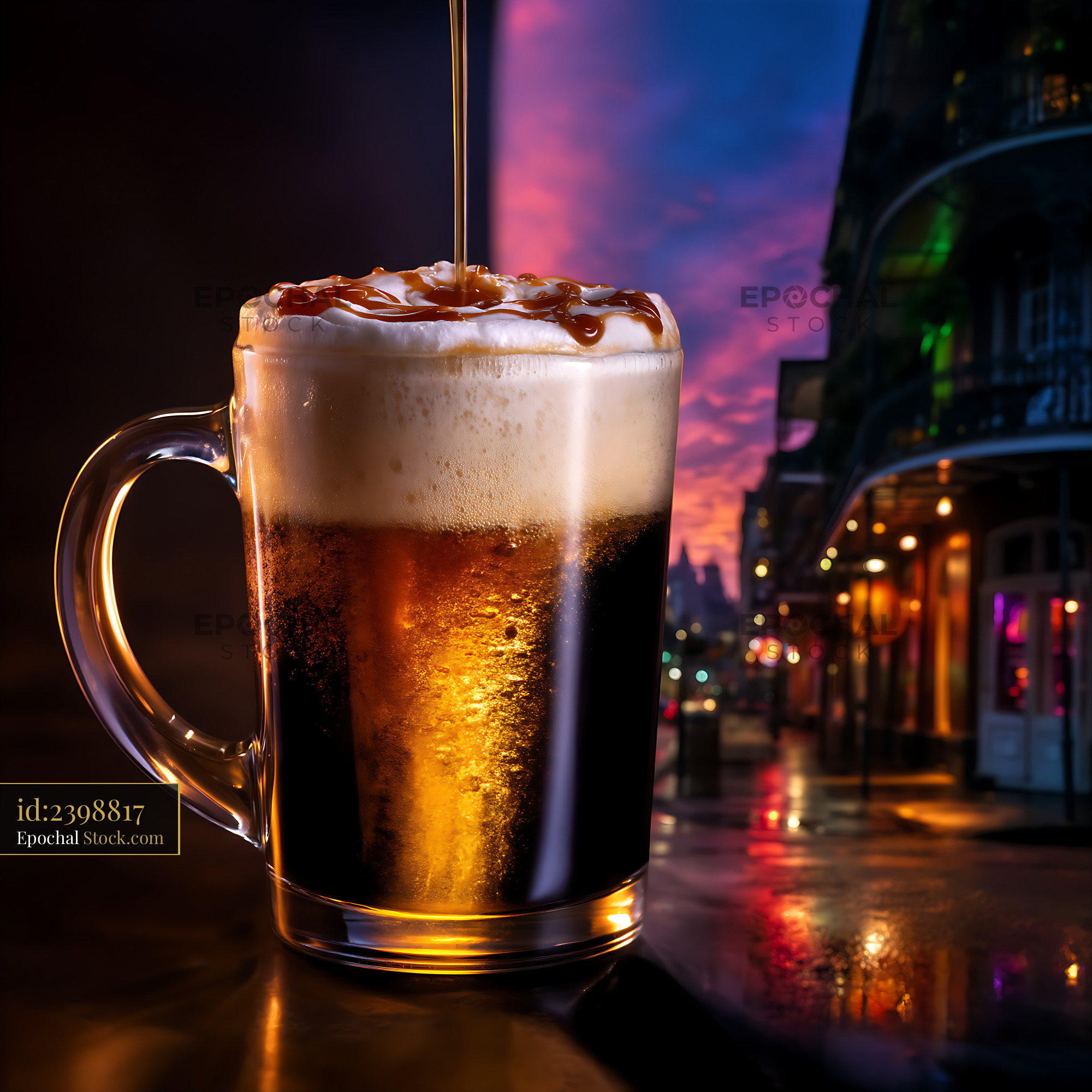Nitro Caramel Coffee with Frothy Foam Sunset - stock photo