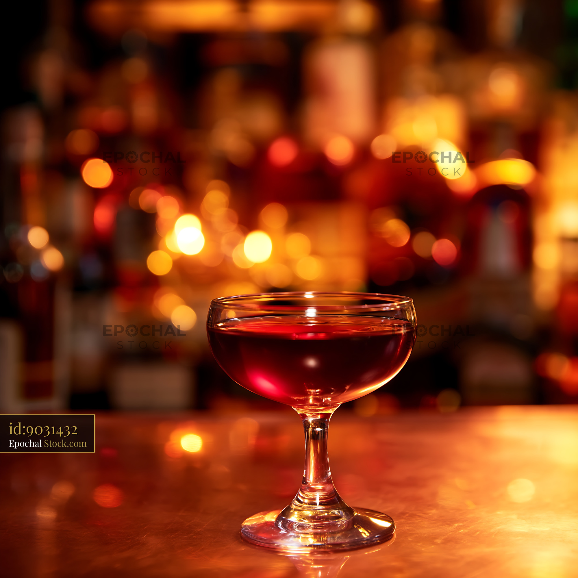 Red Cocktail Glass with Warm Bar Bokeh Lights - stock photo