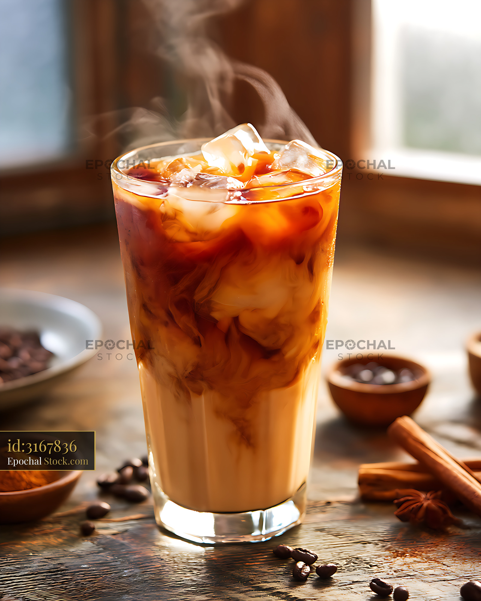 Iced Coffee with Cream on Rustic Wood - stock photo