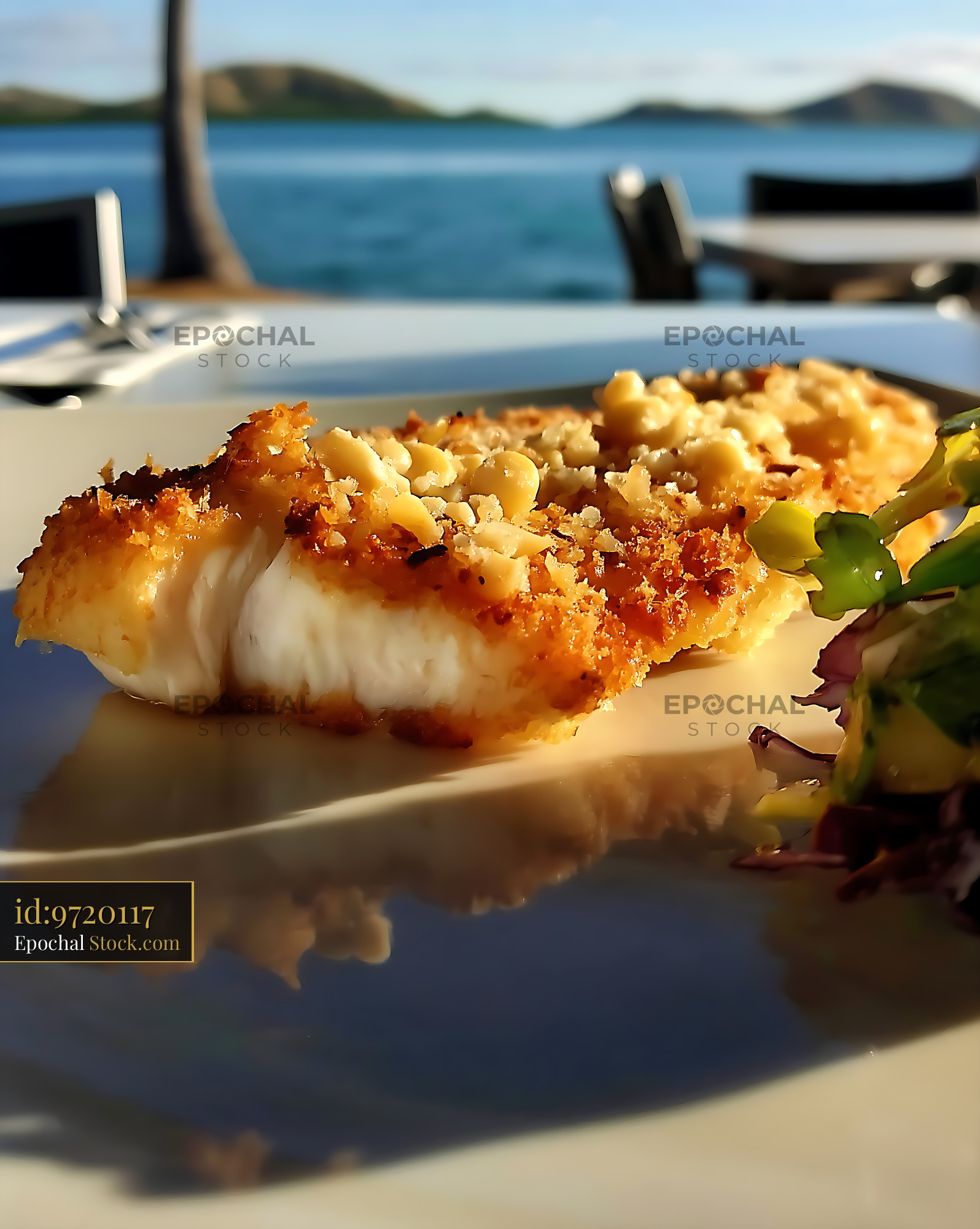 Pan-Seared White Fish Fillet, Waterfront Dining - stock photo