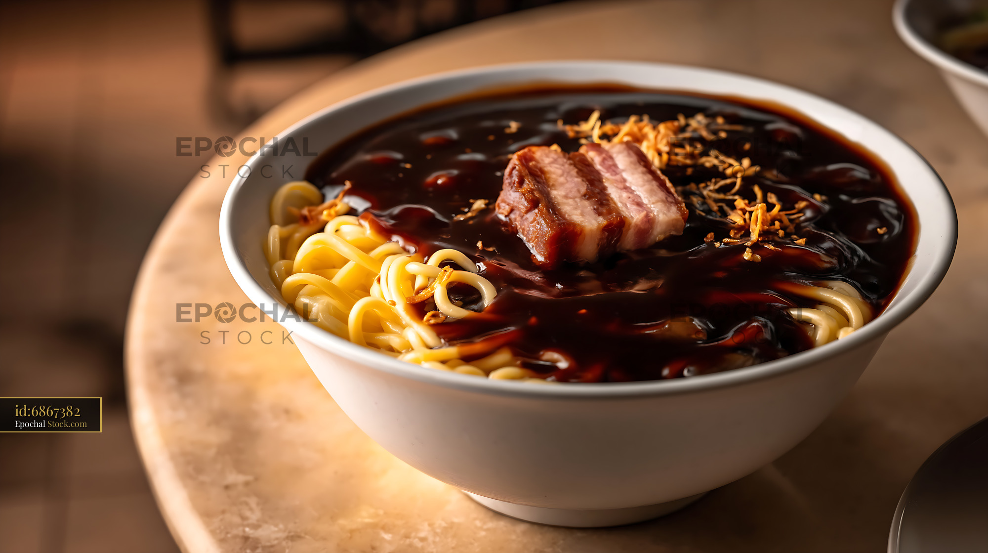 Lor Mee Soup with Braised Pork Belly on Wooden Table - stock photo