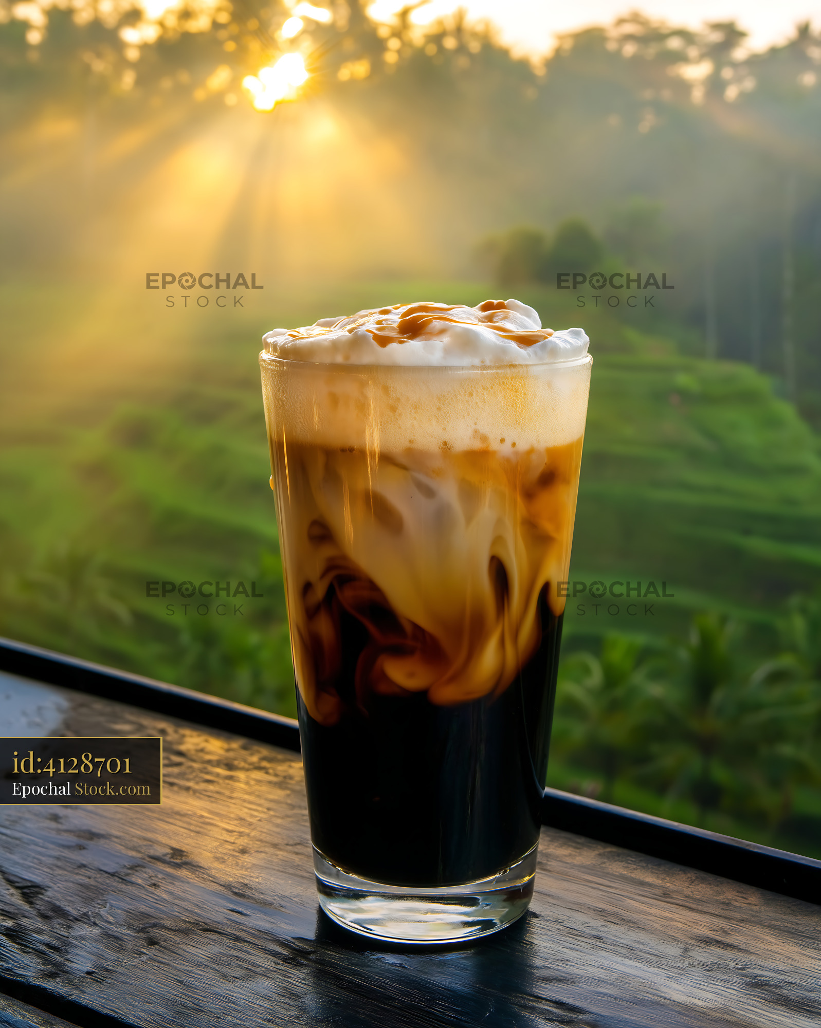 Iced Coffee with Whipped Cream, Golden Sunrise - stock photo