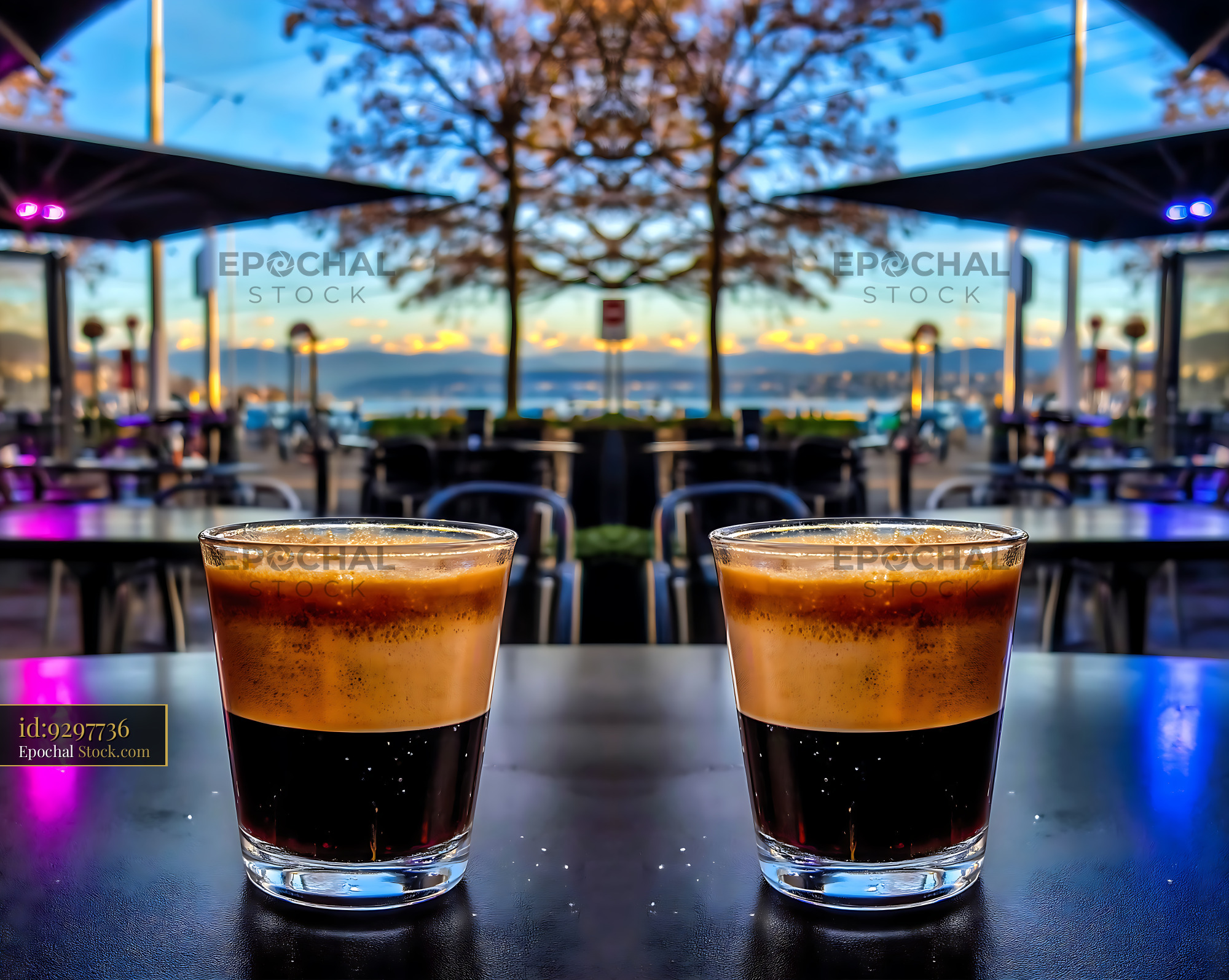 Nitro Caramel Coffee with City View Backdrop - stock photo