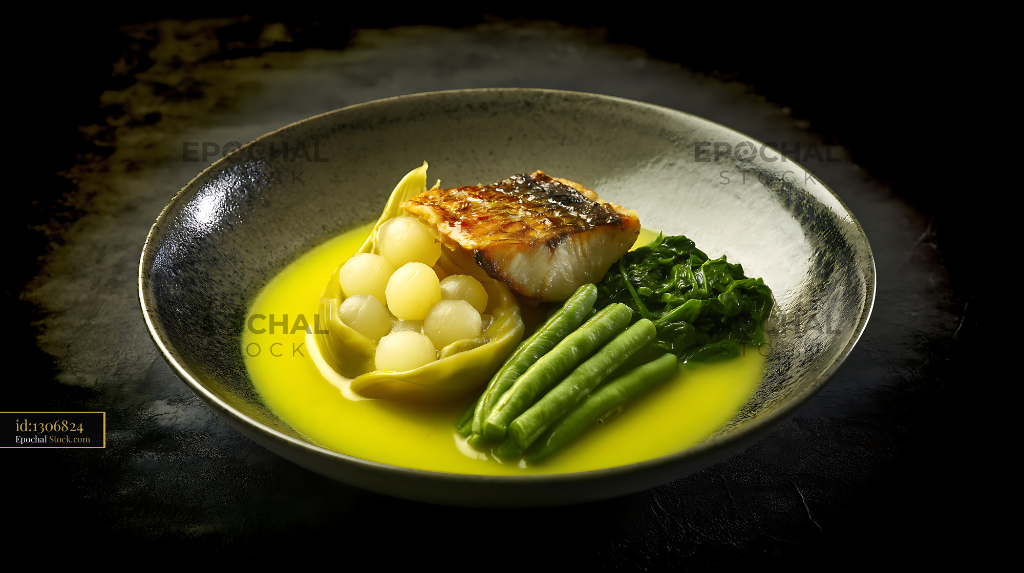 Gourmet Lor Mee Soup with Fish, Green Beans, and Onions - stock photo