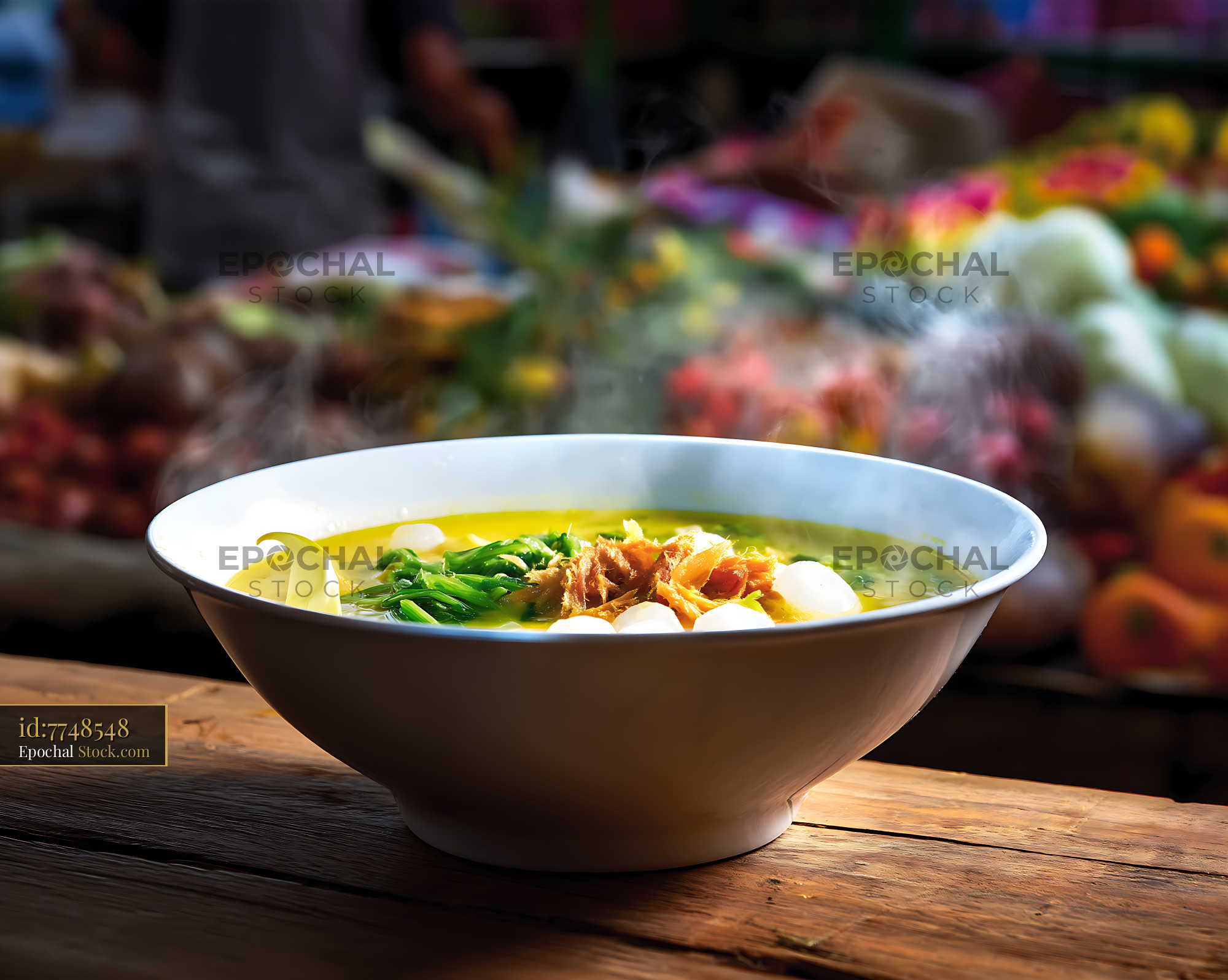Steaming Lor Mee Soup at a Vibrant Market Stall - stock photo
