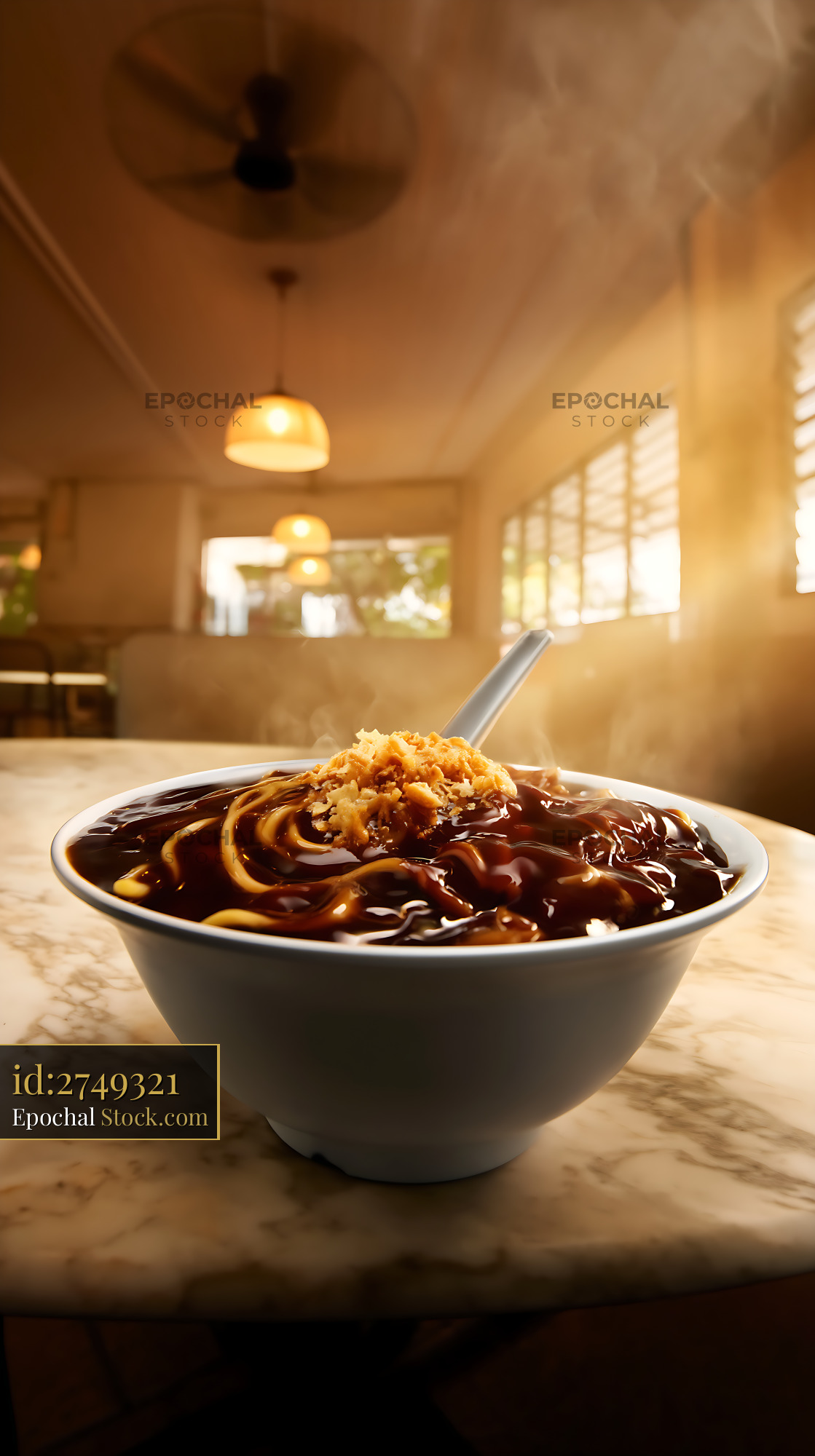 Steaming Lor Mee Soup Bowl in Traditional Restaurant Setting - stock photo