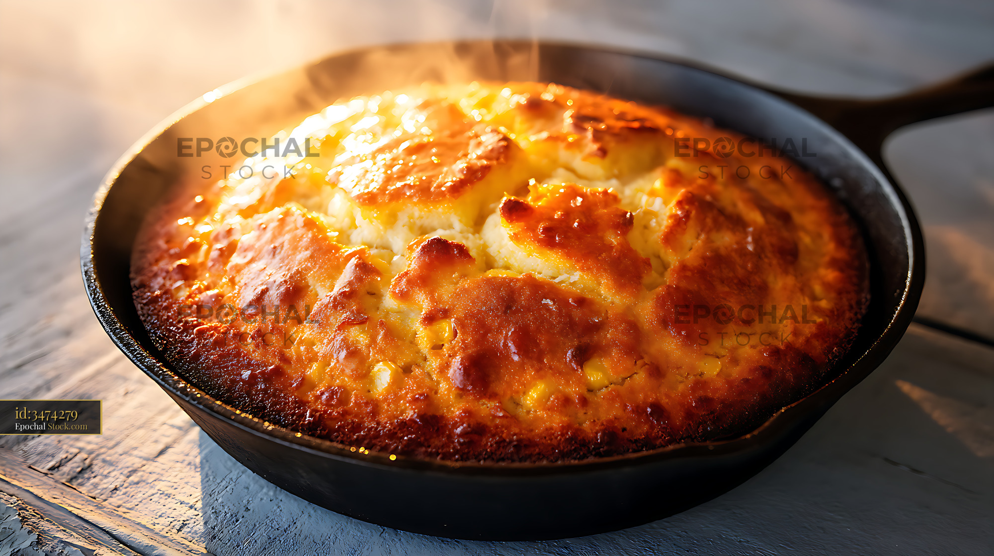 Steaming Golden Cornbread in Cast Iron Skillet, Rustic - stock photo