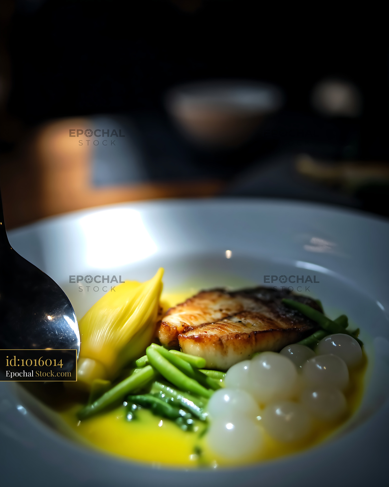 Refined Kapurung Soup with Pan-Seared Fish and Vegetables - stock photo