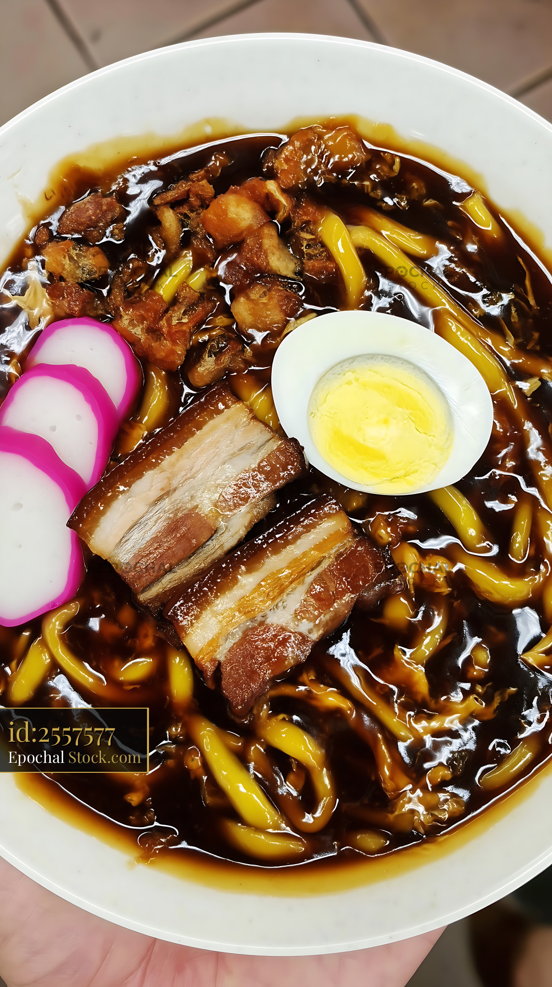 Lor Mee Soup with Braised Pork Belly and Fish Cake - stock photo