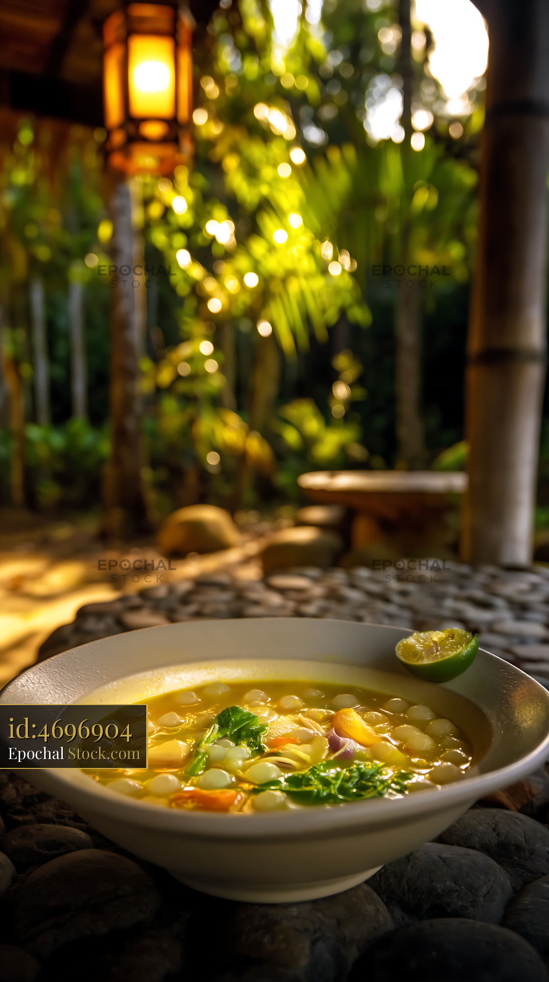 Kapurung Soup in Tropical Setting with Bokeh Lights - stock photo