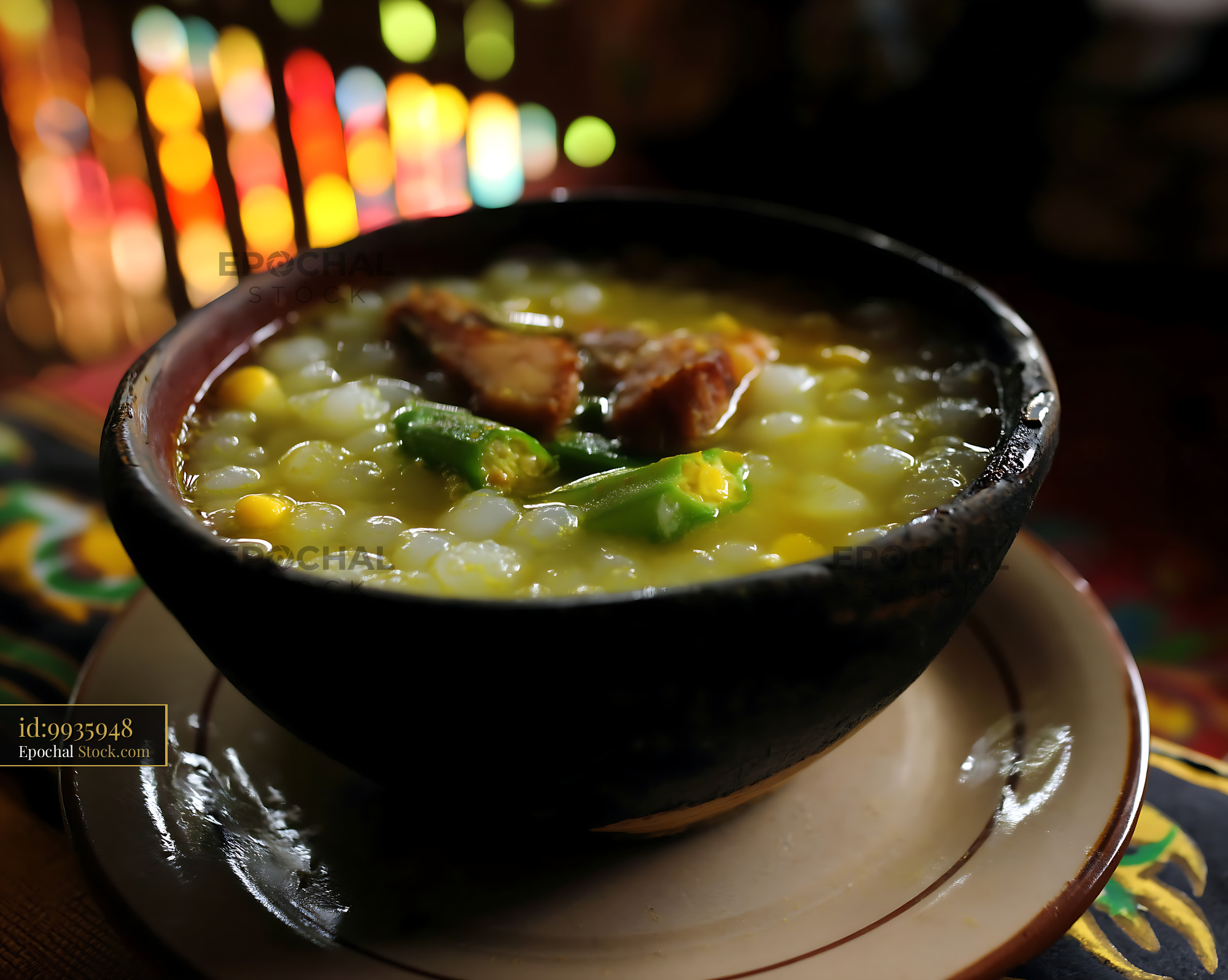 Kapurung Soup with Okra and Meat in a Dark Bowl - stock photo