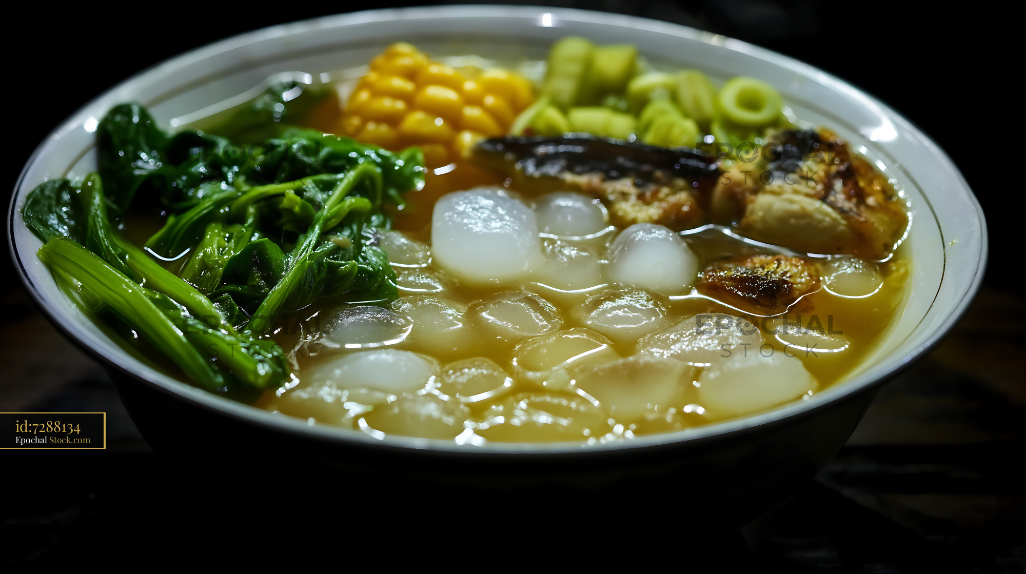 Close-up of Traditional Lor Mee Soup with Fresh Ingredients - stock photo