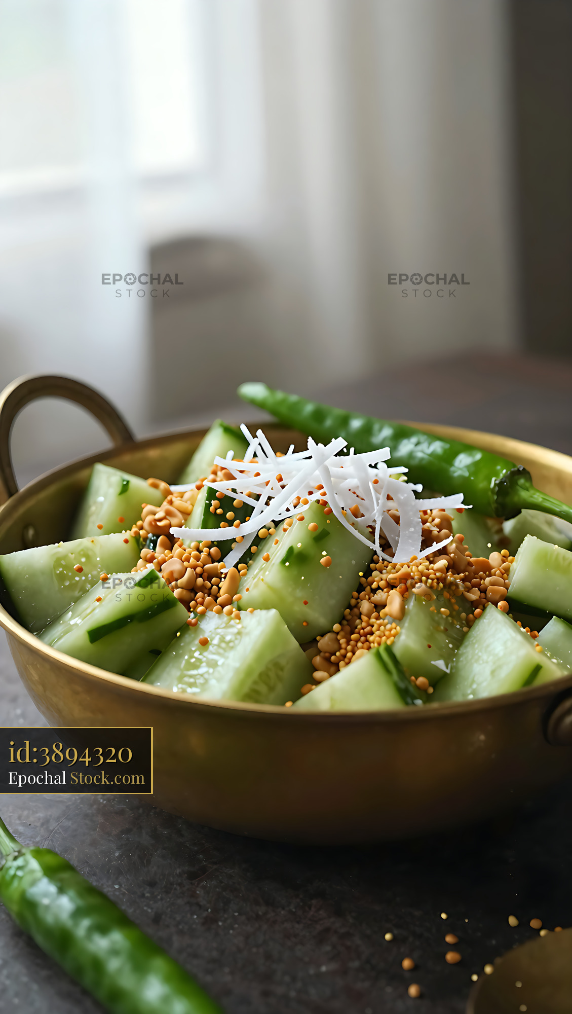Kakdi Koshimbir Cucumber Salad in Brass Bowl - stock photo