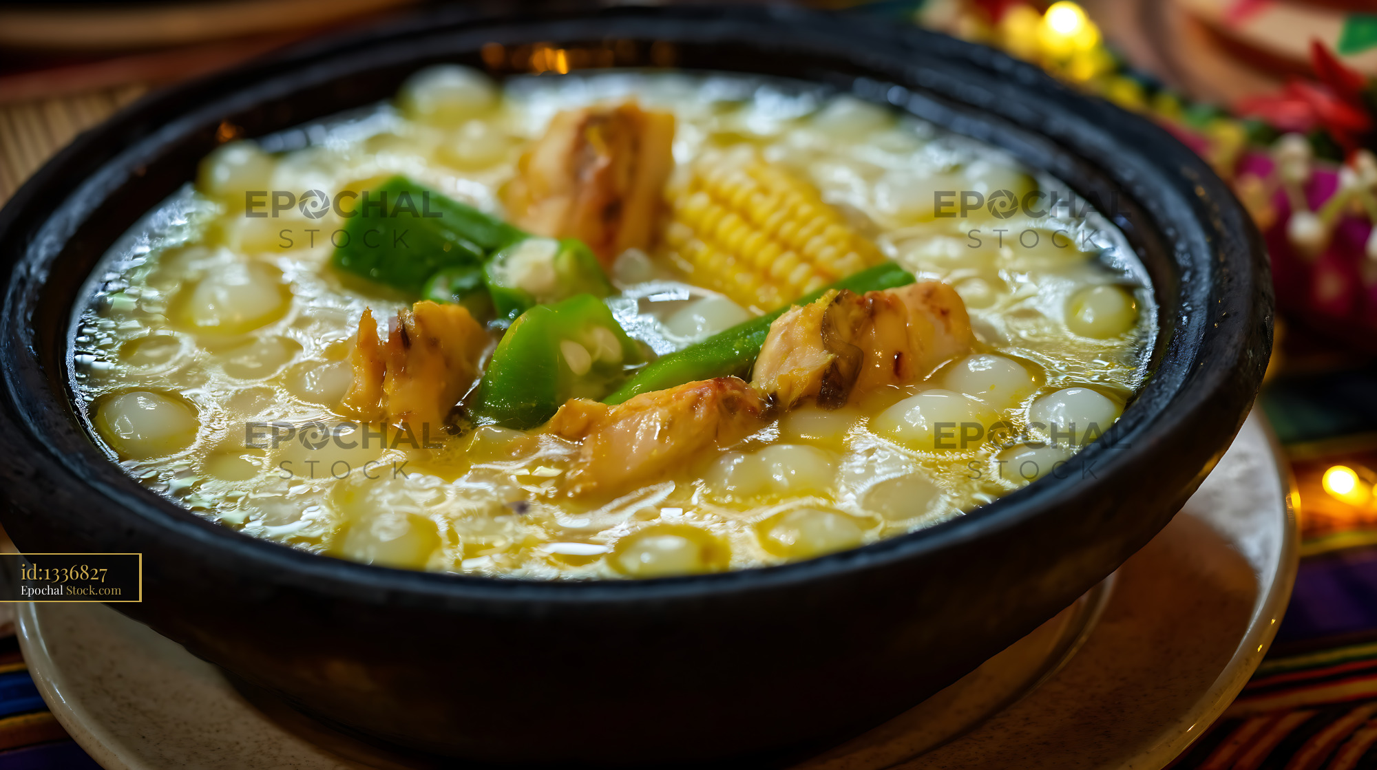 Lor Mee Soup with Okra, Corn, and Fish in Rustic Bowl - stock photo