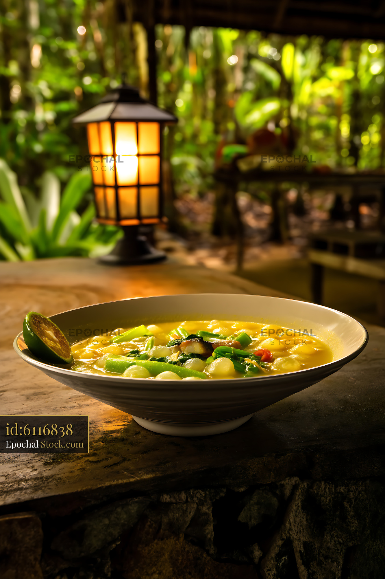 Lor Mee Soup on Rustic Table in Tropical Setting - stock photo