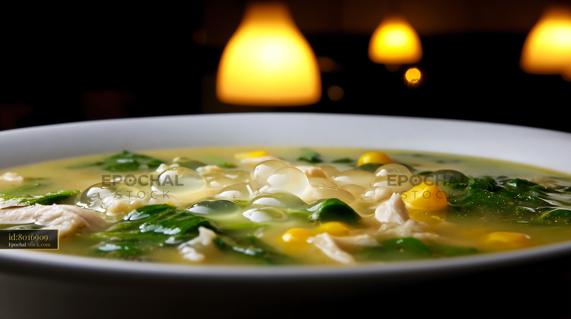 Close-up of Lor Mee Soup with Chicken, Corn, and Greens - stock photo