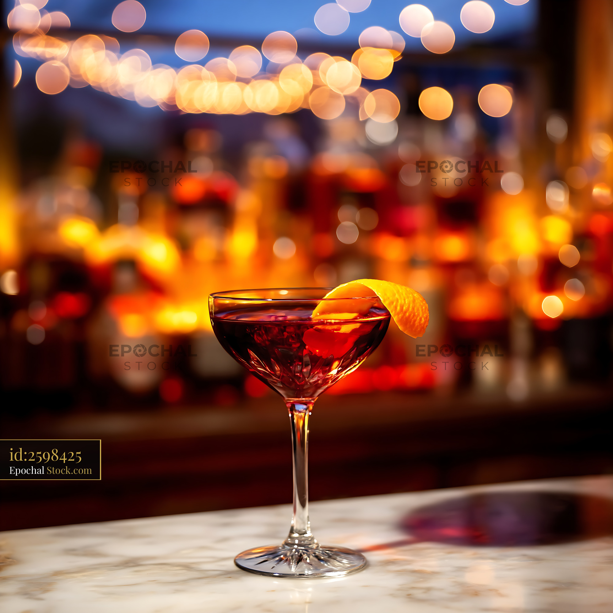 Bushwick Cocktail With Orange Peel at Bar Counter - stock photo