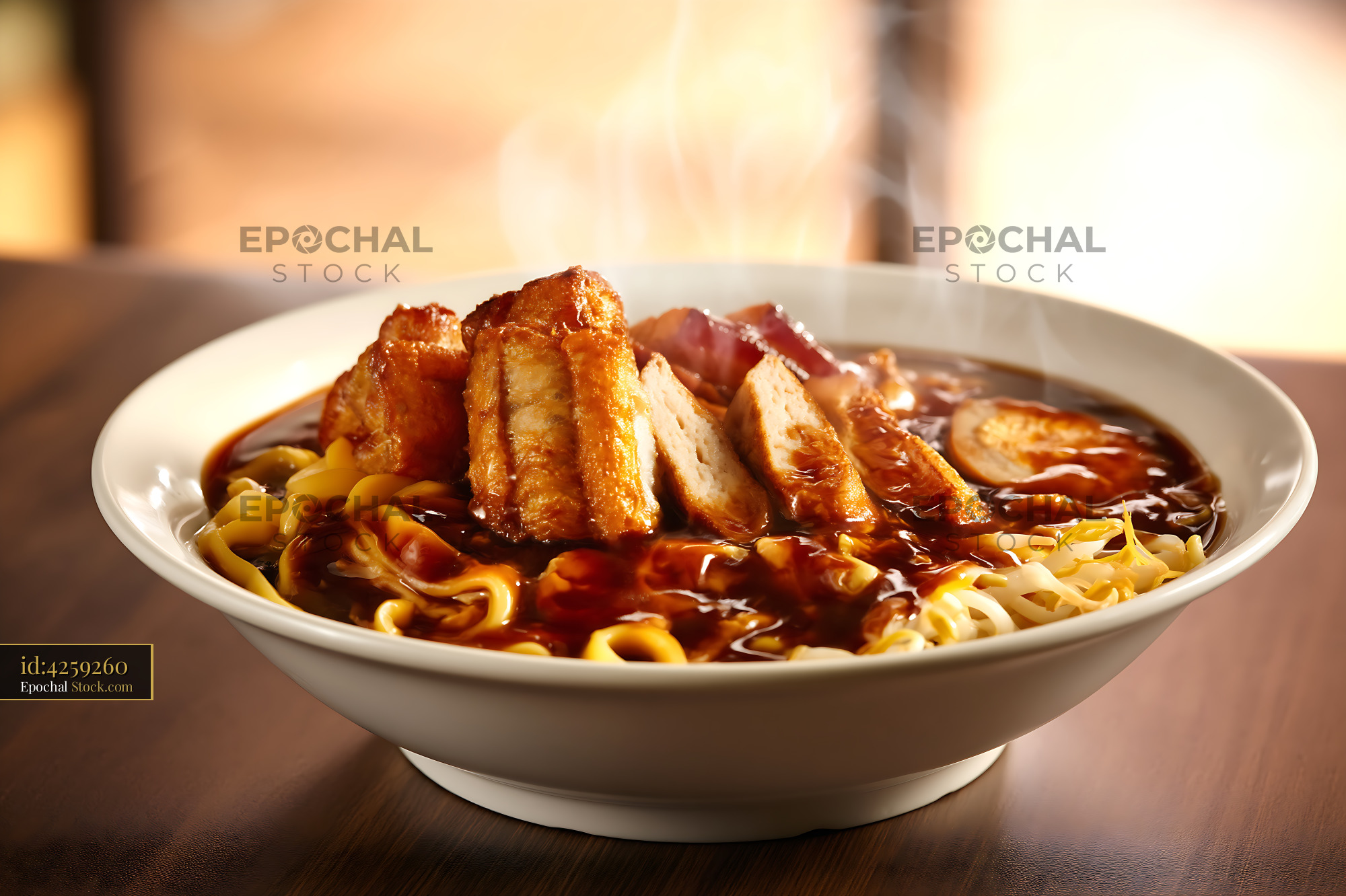 Steaming Lor Mee Soup Bowl on Wooden Table - stock photo