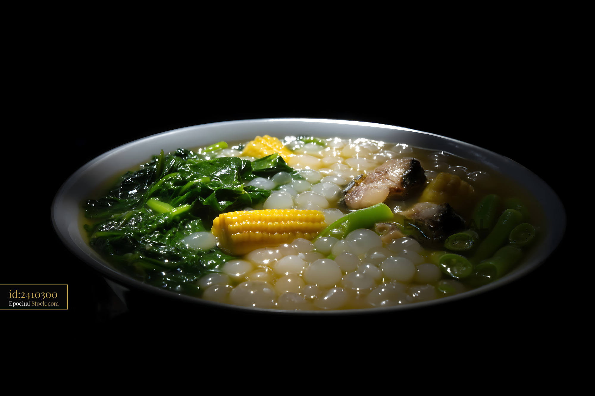 Hearty Lor Mee Soup with Corn and Greens in Dark Setting - stock photo