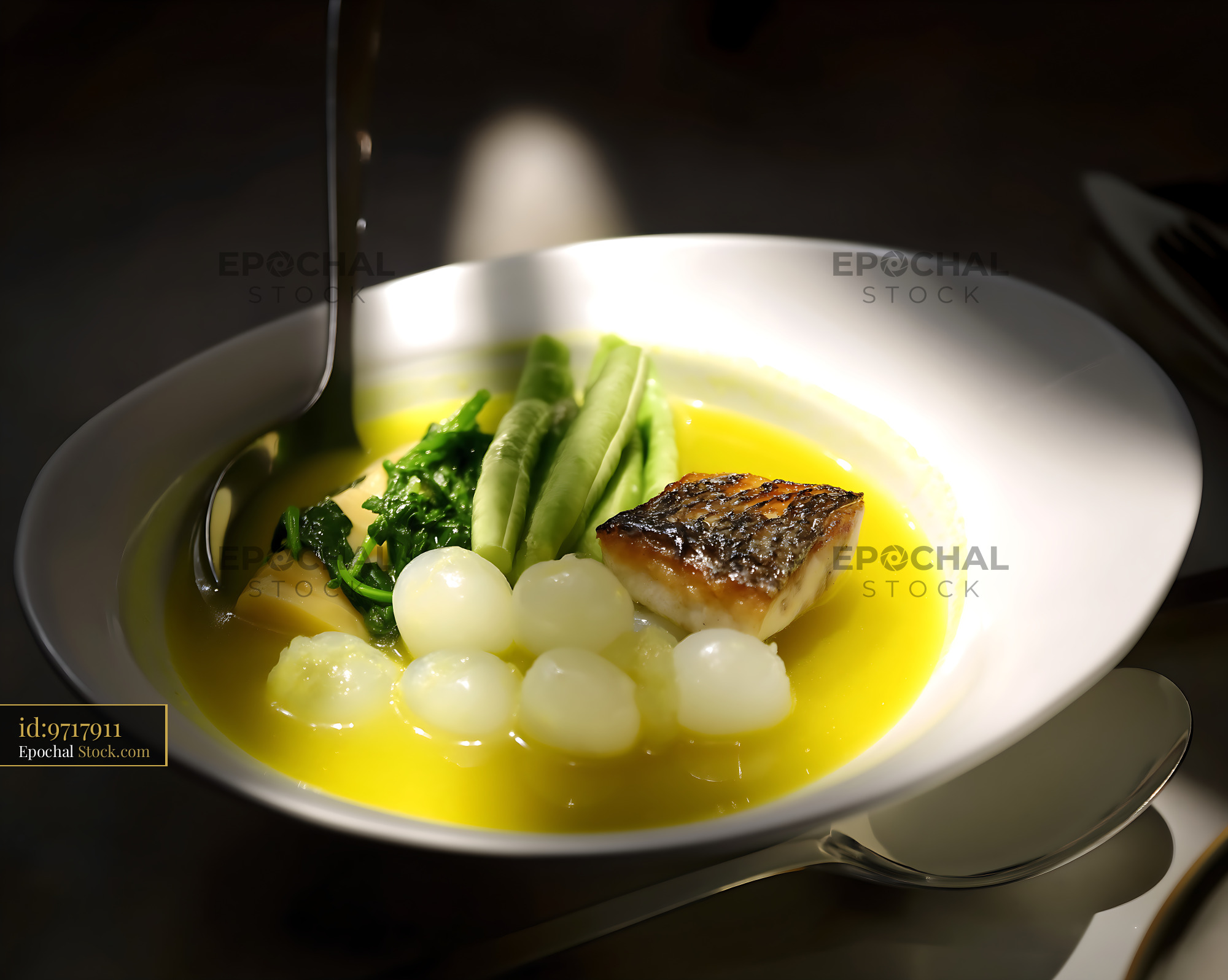 Lor Mee Soup with Fish and Vegetables in Bright Light - stock photo