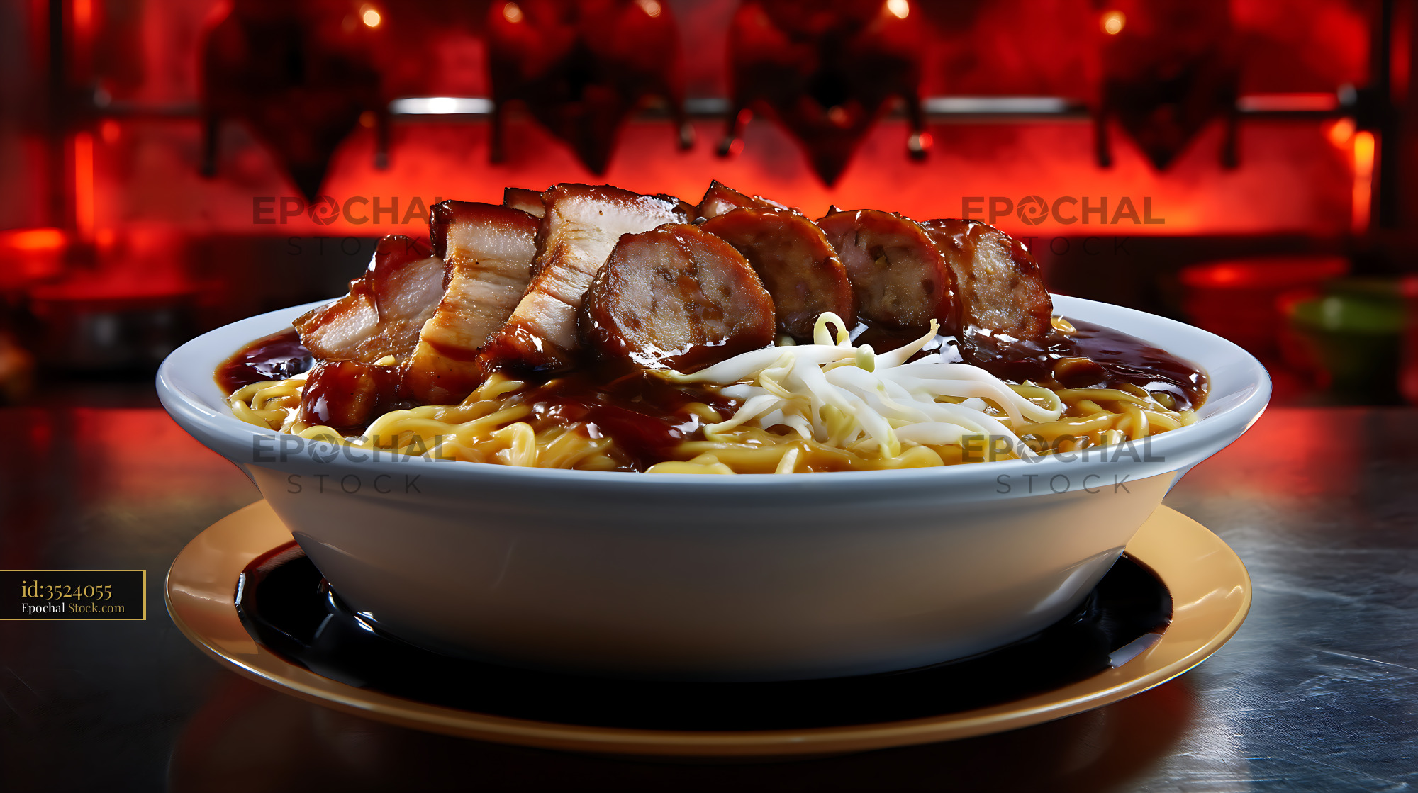 Lor Mee Soup with Pork Belly and Sprouts in Red Light - stock photo