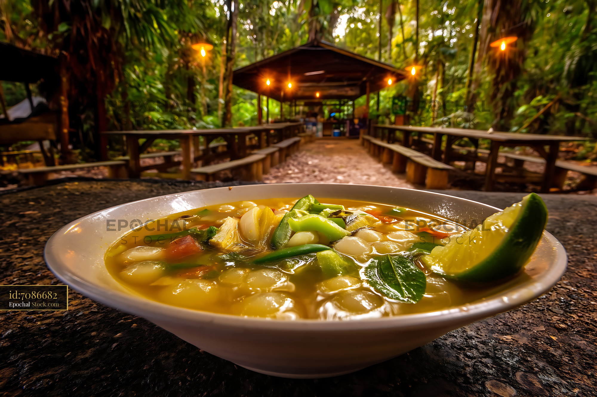 Kapurung Soup in Rustic Jungle Restaurant Setting - stock photo