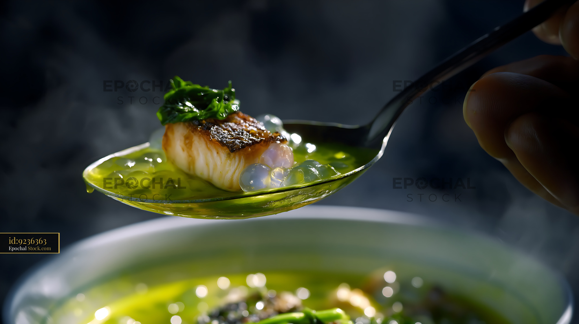 Kapurung Soup with Seared Fish and Green Sauce on Spoon - stock photo