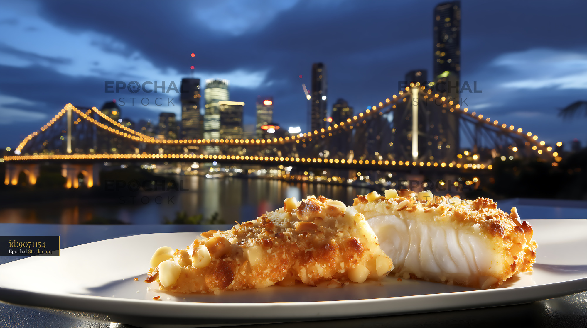 Macadamia Crusted Fish with Illuminated Bridge - stock photo