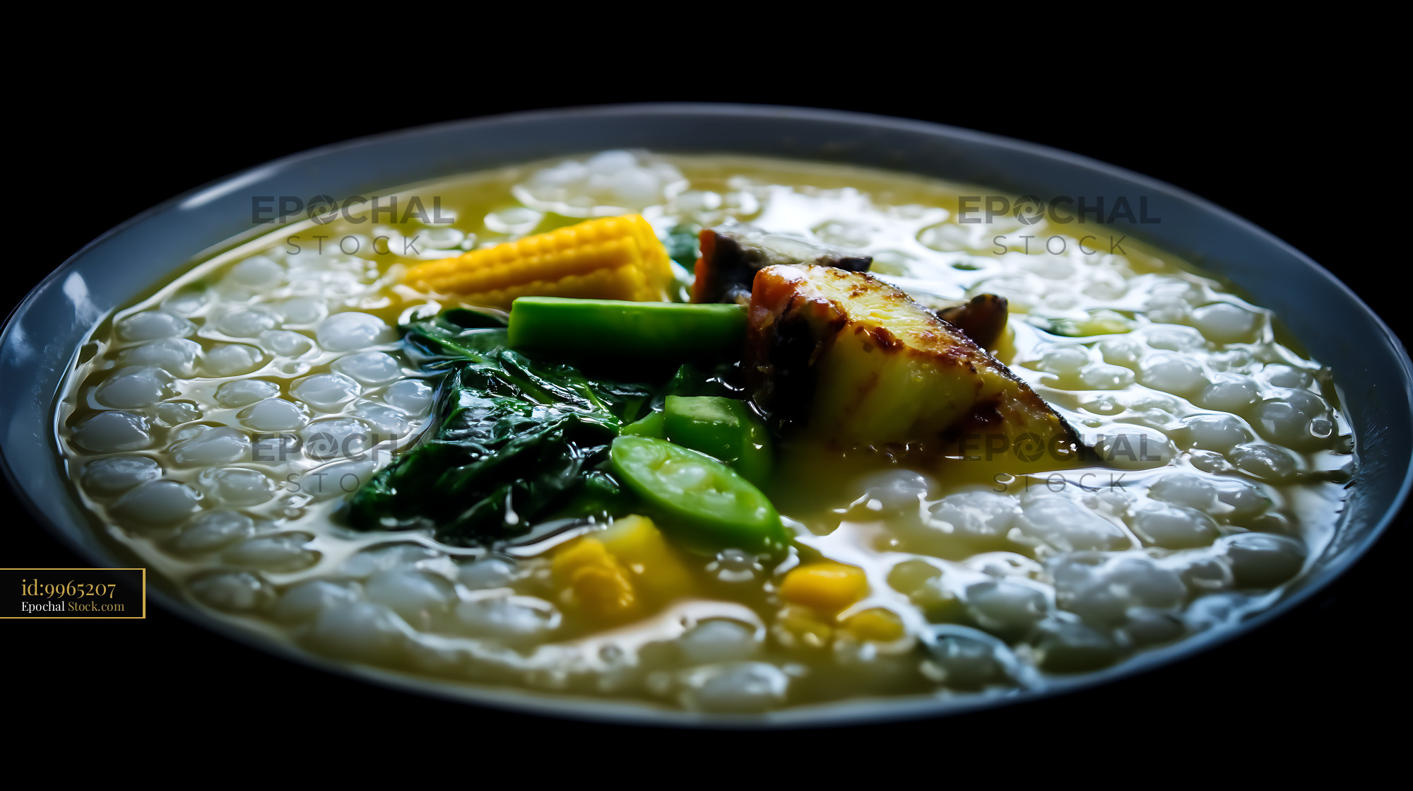 Lor Mee Soup, Fish, Vegetables in a Dark Bowl - stock photo