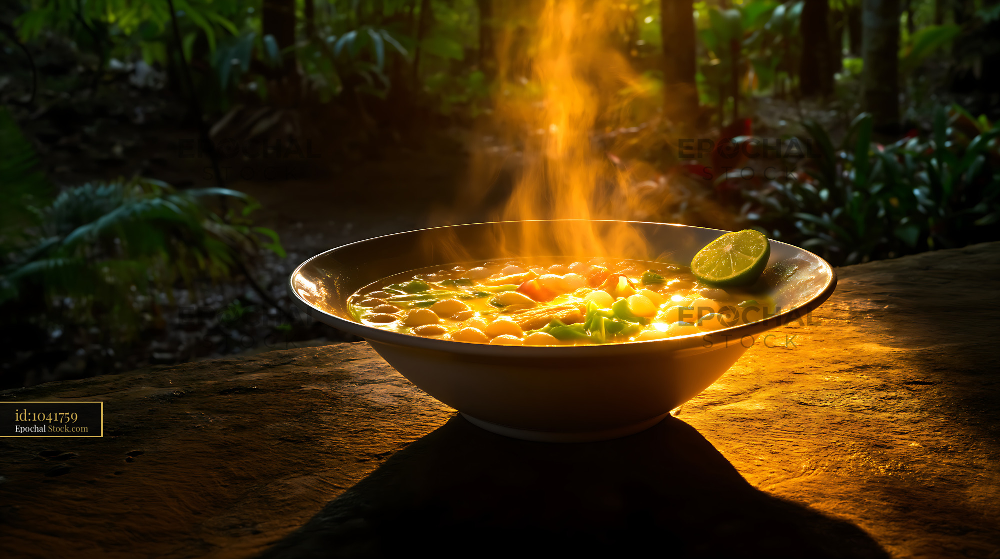 Kapurung Soup Steaming in Jungle Golden Light - stock photo