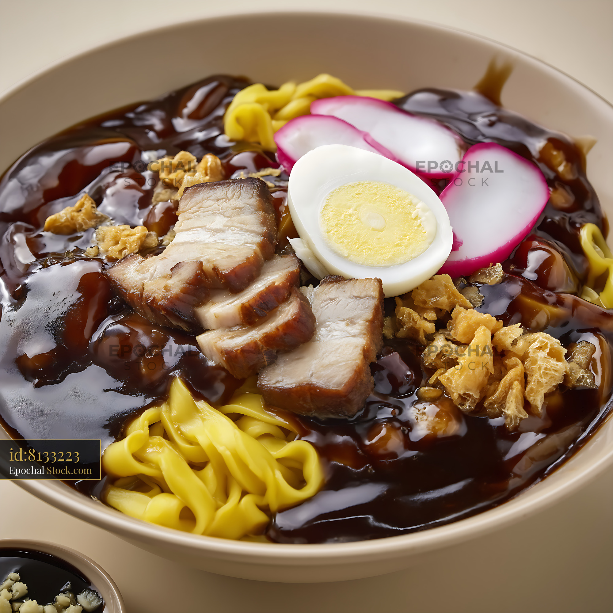 Rich Lor Mee Soup with Pork Belly and Egg in Bowl - stock photo
