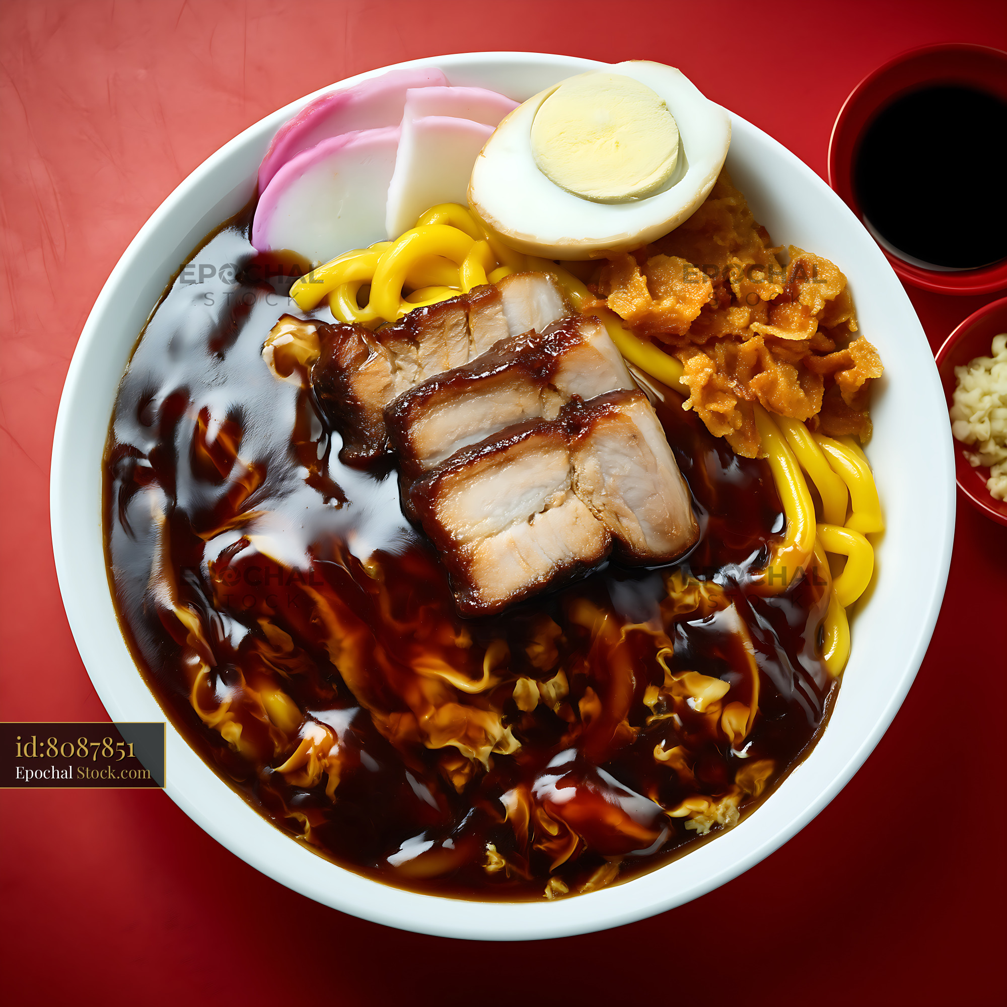 Hearty Lor Mee Soup with Pork and Egg on Red Background - stock photo