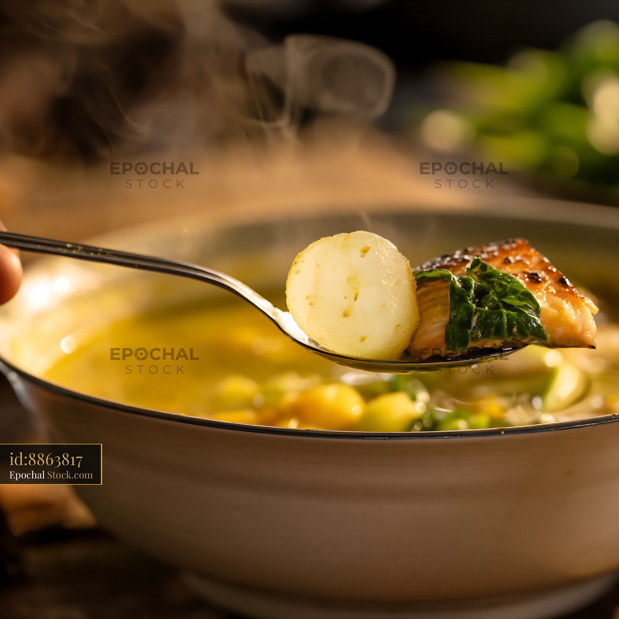 Steaming Lor Mee Soup Spoonful with Fish and Potato - stock photo